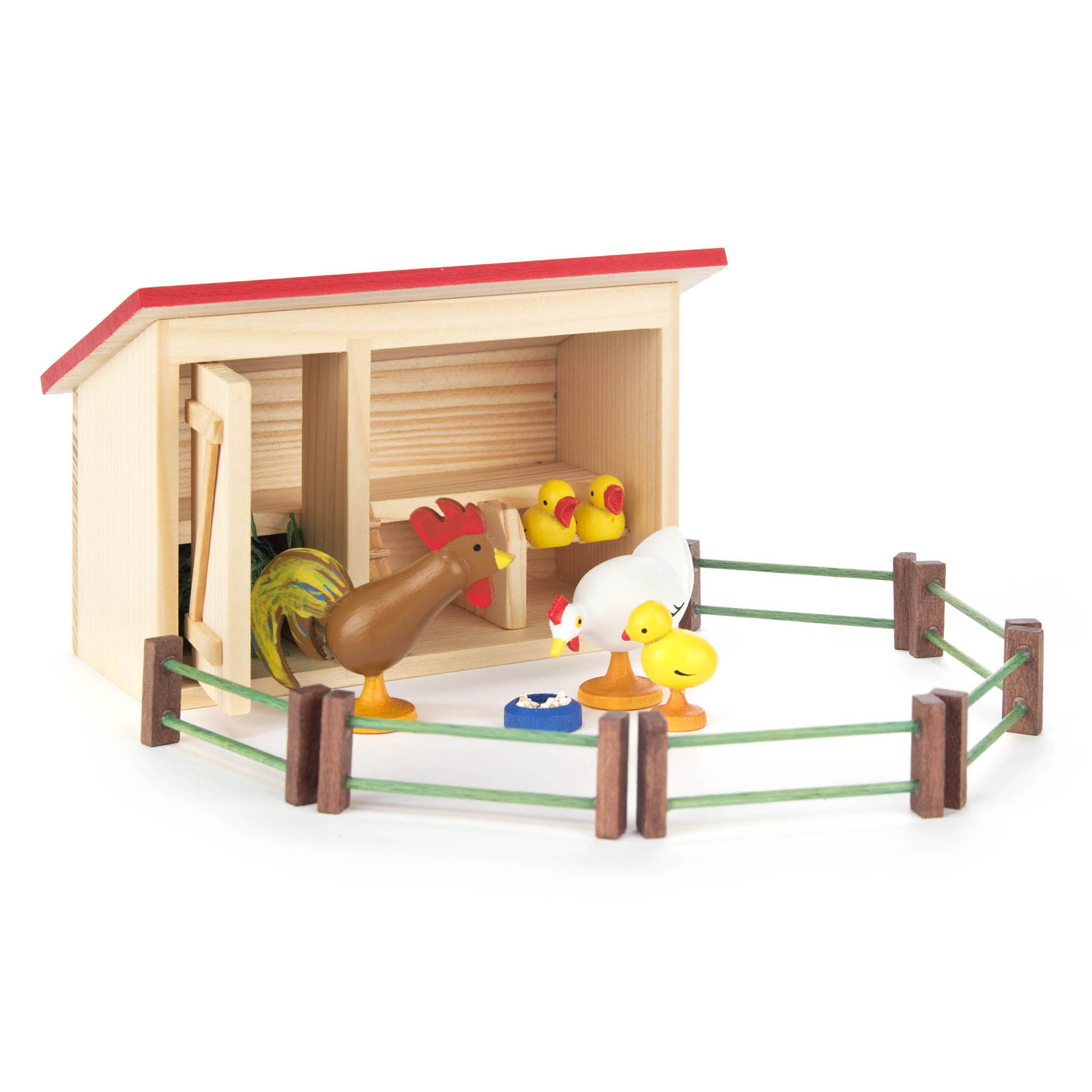 Miniatur-Hühnerhof mit zwei Hühnern, einem Hahn und zwei Küken im eingezäunten Bereich vor einem kleinen hölzernen Hühnerstall. im Dregeno Online Shop günstig kaufen