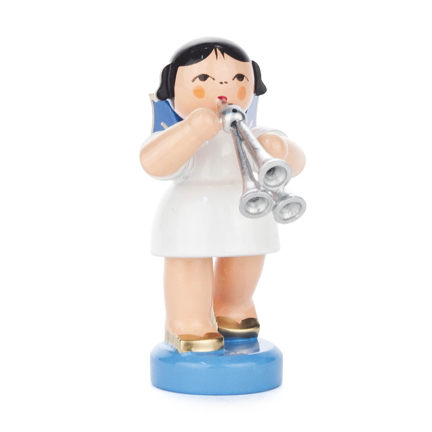 Figur eines Engels mit blauen Flügeln, der eine Schalmei spielt. Die Figur steht auf einem blauen Sockel und hat schwarze Haare. im Dregeno Online Shop günstig kaufen