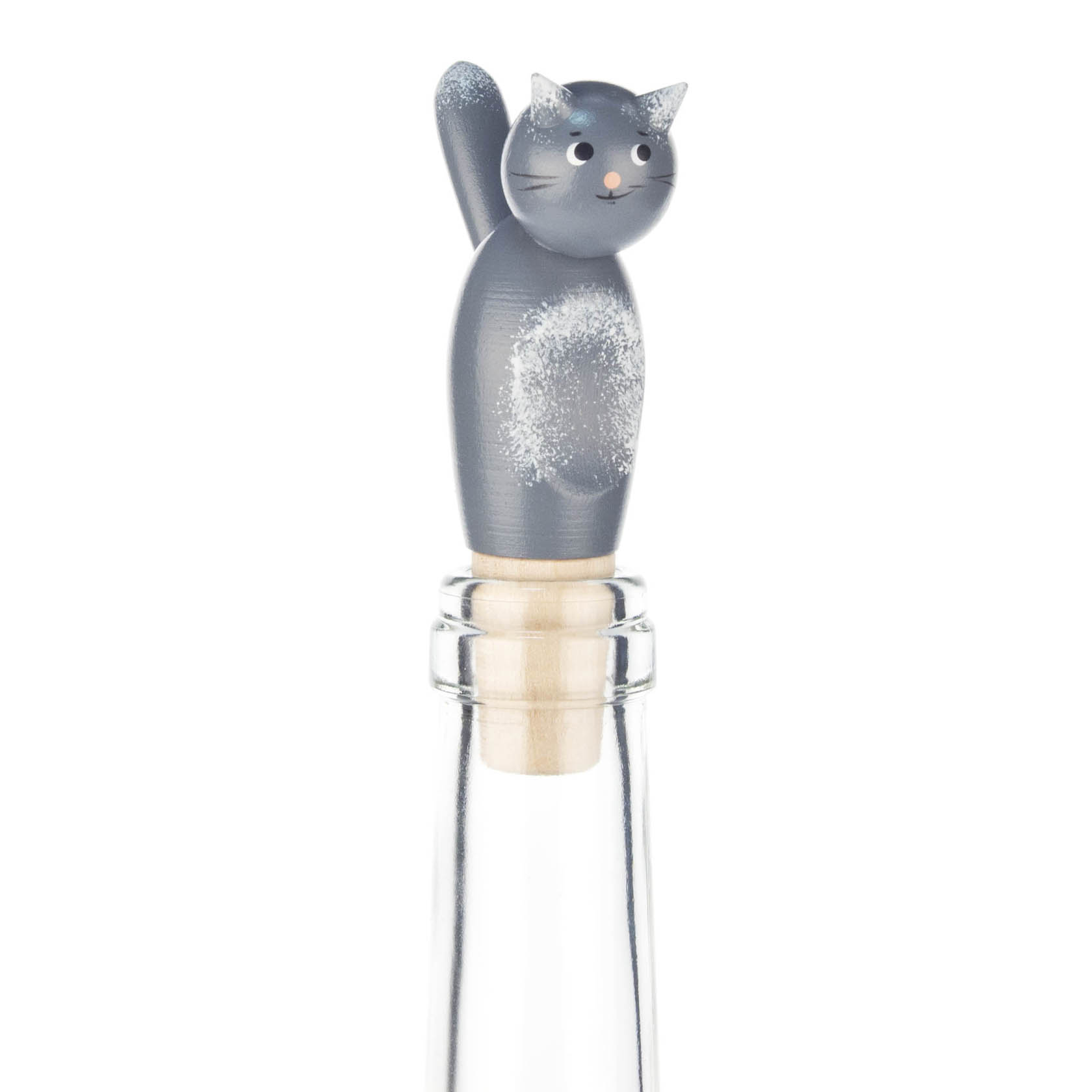 Ein Flaschenverschluss in Form einer grauen Katze mit gedrehtem Schwanz, die auf einer durchsichtigen Flasche sitzt. im Dregeno Online Shop günstig kaufen