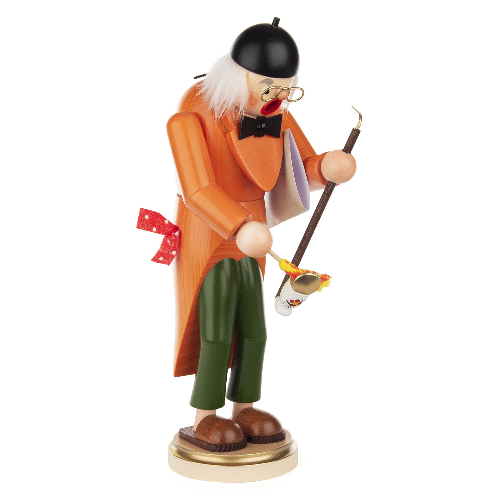Holzfigur eines Lehrers in gelbem Mantel, schwarzen Hut, mit Pfeife im Mund und einem brennenden Zylinder in der Hand, der als Räuchermännchen dient. im Dregeno Online Shop günstig kaufen