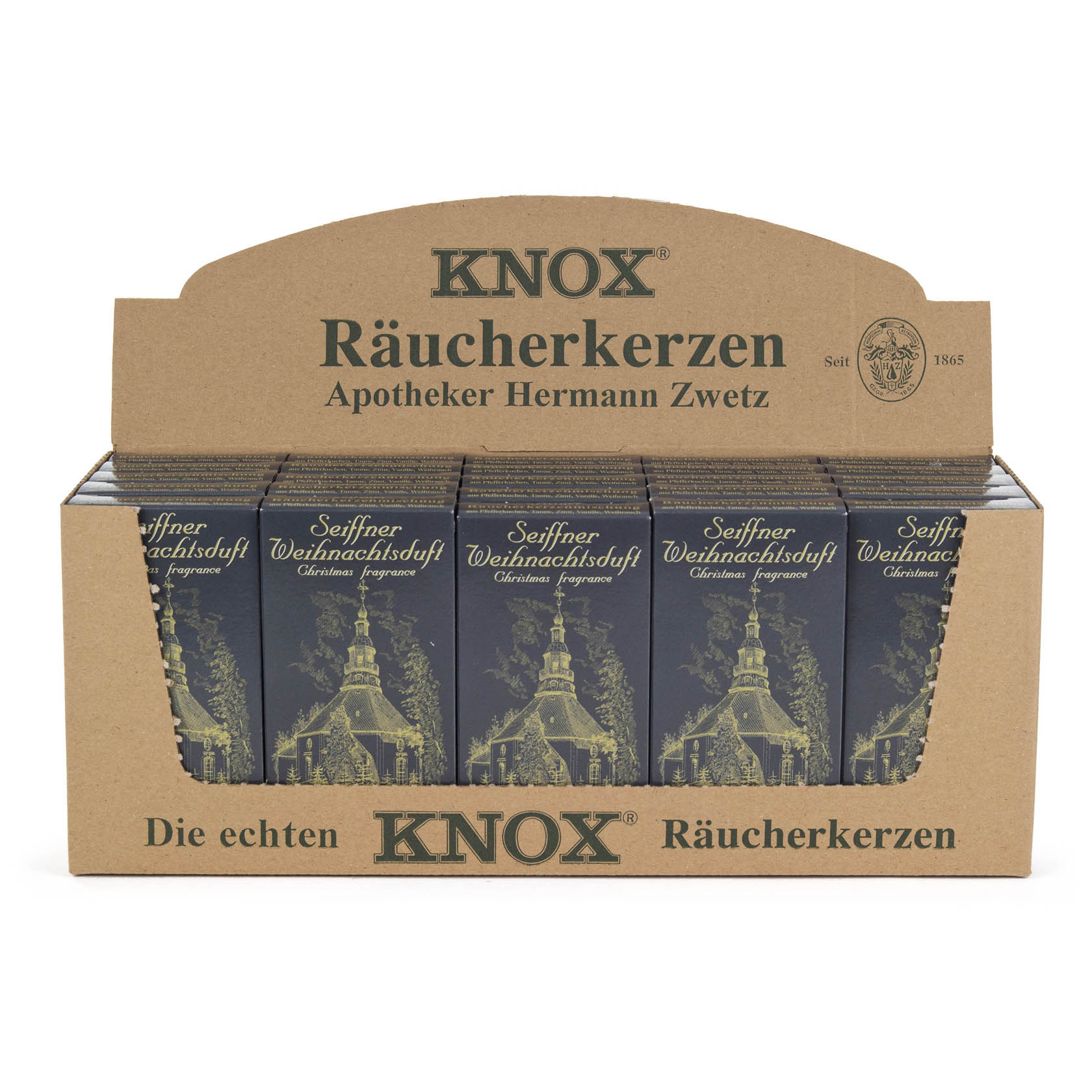 Ein Karton mit 50 Schachteln KNOX Räucherkerzen im Seiffener Weihnachtsduft, jede Schachtel enthält 24 Stück. Aufgestellt in einem Displaykarton. im Dregeno Online Shop günstig kaufen