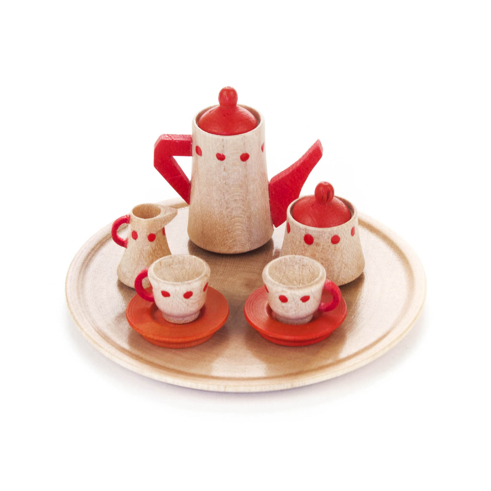Rundes Mini-Kaffeeservice aus Holz mit roten Punkten, bestehend aus einer Kanne, einem Milchkännchen, einer Zuckerdose und zwei Tassen auf einem Tablett. im Dregeno Online Shop günstig kaufen