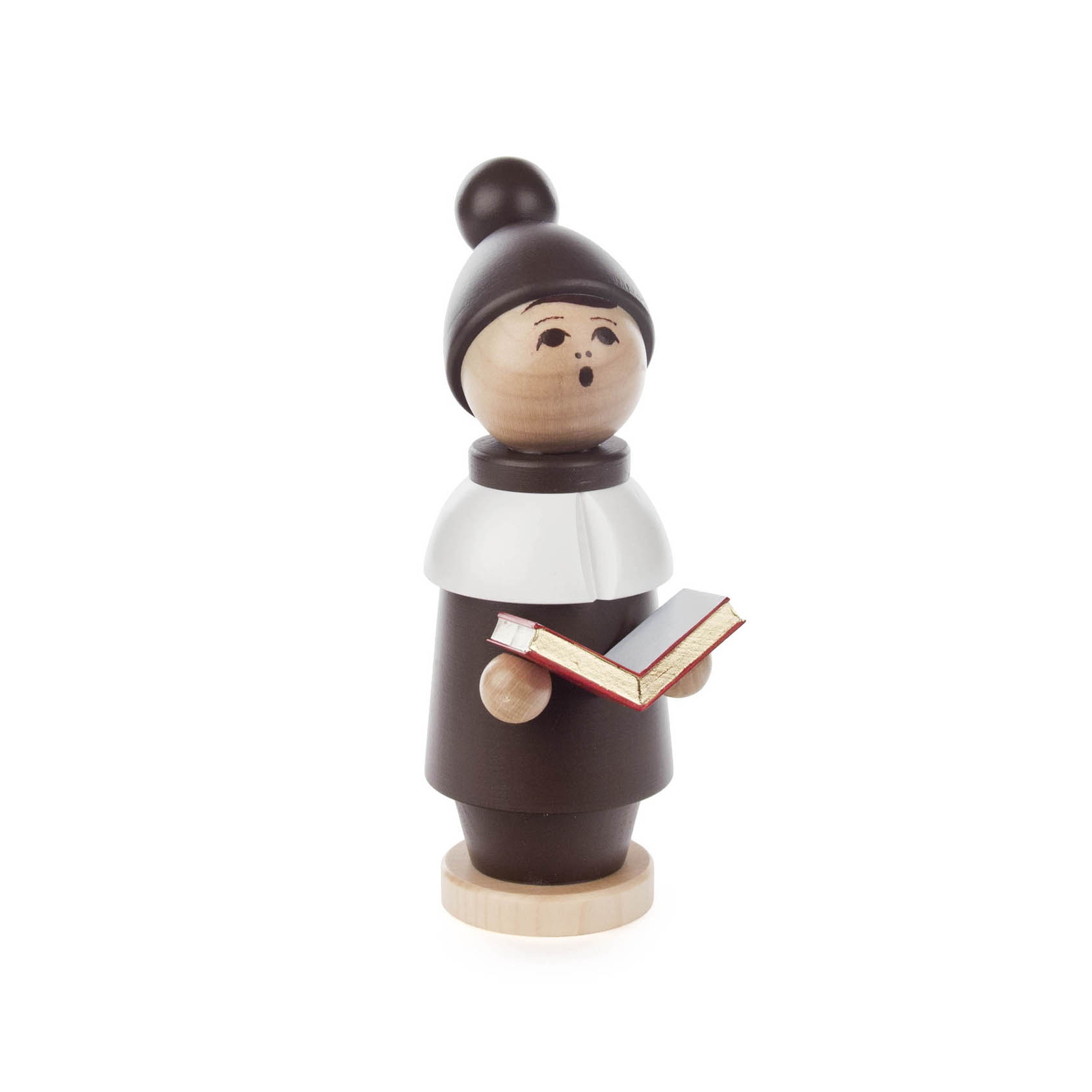 Holzfigur eines braunen Kurrendsängers mit weißem Kragen und Mütze, hält ein geöffnetes Buch. Figur steht auf einer runden Holzbasis. im Dregeno Online Shop günstig kaufen