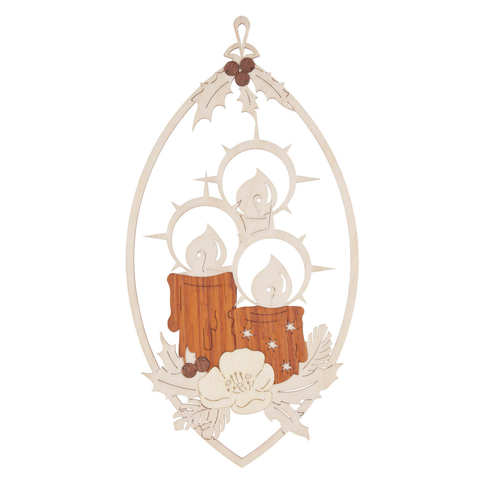 A decorative window hanging featuring three burning candles with halos around the flames, surrounded by holly leaves and berries. im Dregeno Online Shop günstig kaufen