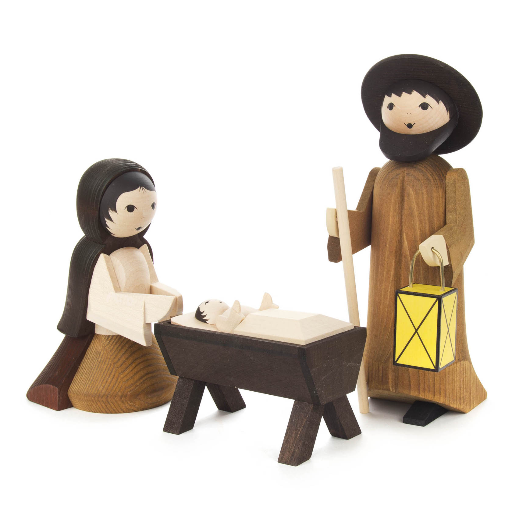 Holzfiguren der Heiligen Familie: Maria, Josef mit Laterne und das Jesuskind in der Krippe. im Dregeno Online Shop günstig kaufen