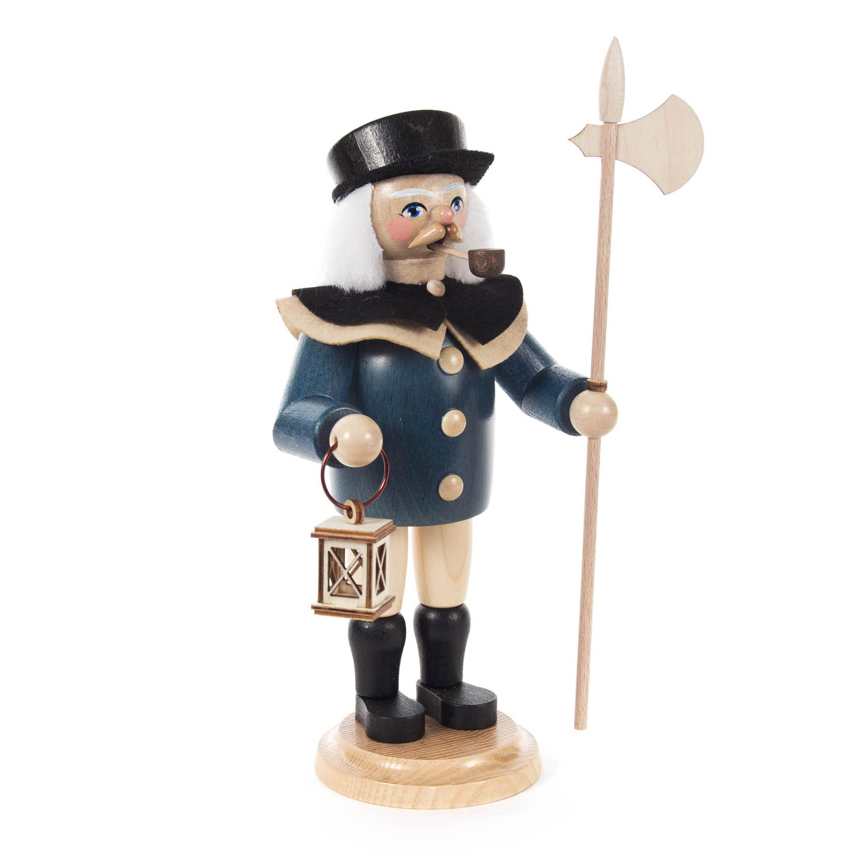 Holzfigur eines Nachtwächters mit schwarzem Hut, Pfeife und Laterne in der Hand, trägt blauen Umhang und hält eine Hellebarde. im Dregeno Online Shop günstig kaufen