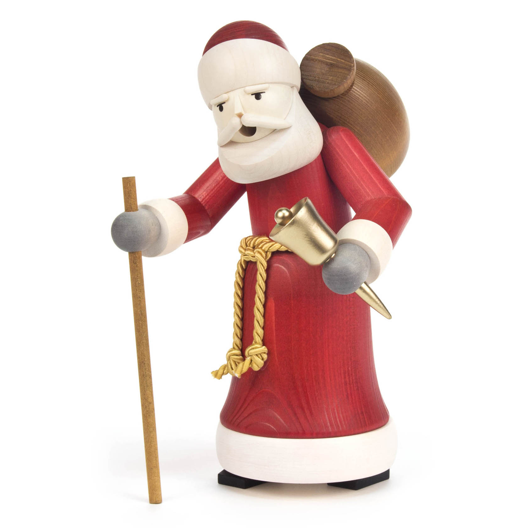 Ein traditioneller Räuchermann in Form eines Weihnachtsmannes mit rotem Mantel und weißem Bart, Strohhut und einem Stock in der Hand. im Dregeno Online Shop günstig kaufen