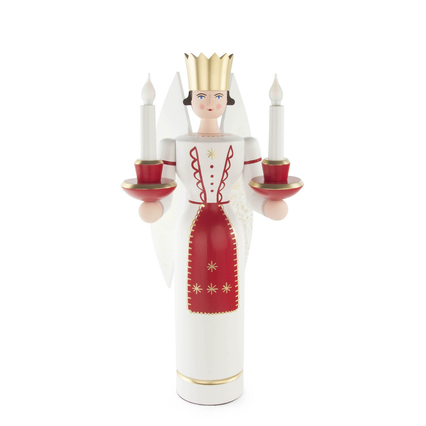 Ein 49 cm großer, farbiger Lichterengel mit rotem Rock und goldener Krone, hält zwei weiße Kerzenleuchter, elektrisch beleuchtet. im Dregeno Online Shop günstig kaufen