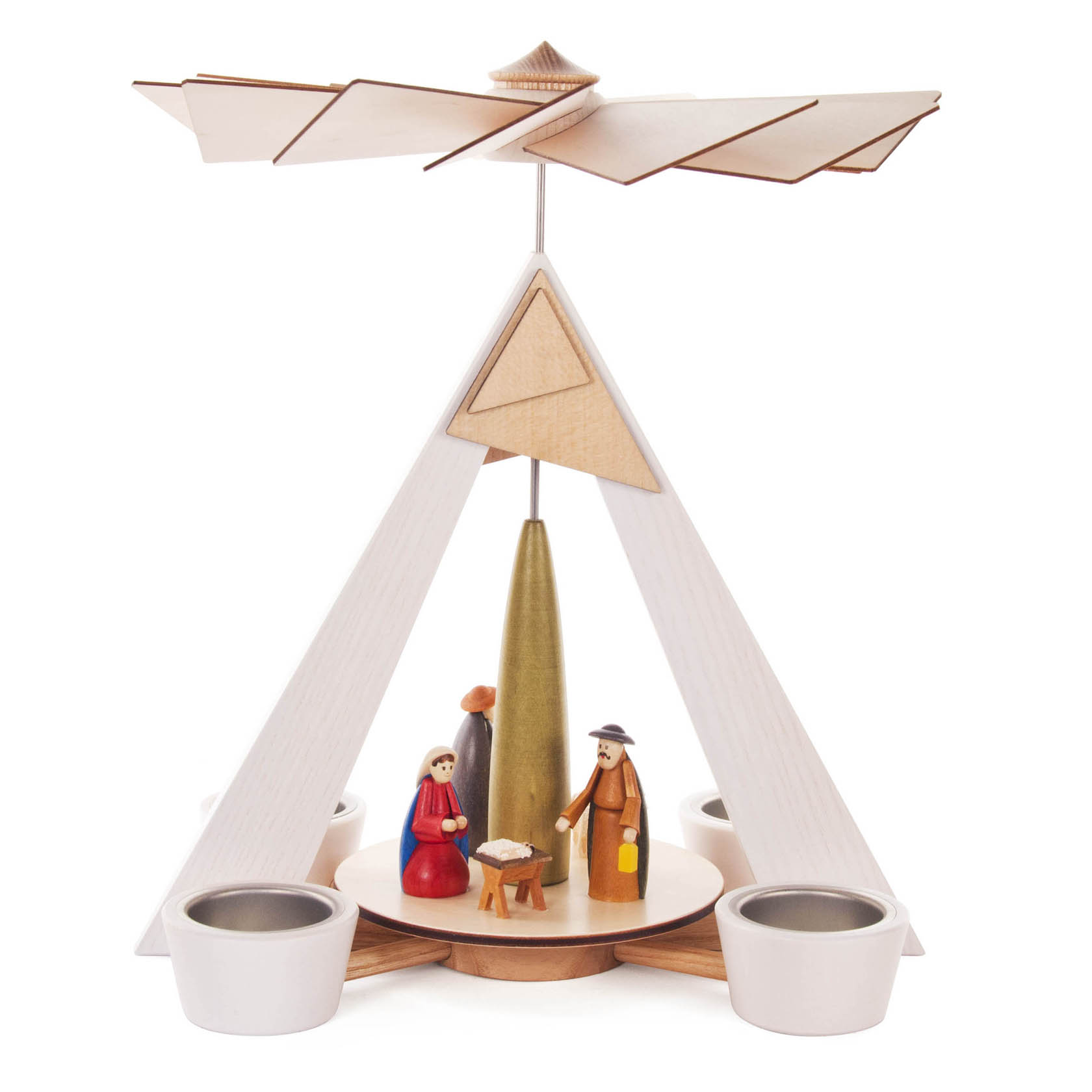 Weihnachtspyramide aus Holz mit weißem Gestell und farbigen Figuren der Geburt Jesu. Oben drehbarer Propeller, unten Platz für Teelichter. im Dregeno Online Shop günstig kaufen