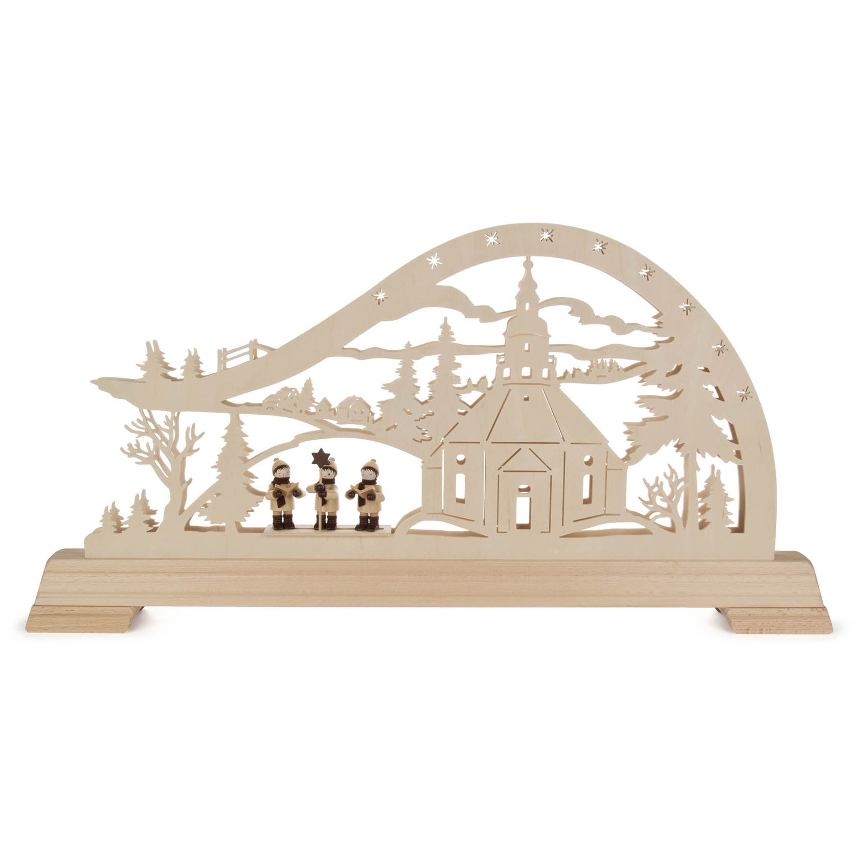 Holz-Schwibbogen mit Seiffener Kirche, drei Kurrende-Sängern und LED-Beleuchtung, auf einer Basis stehend. im Dregeno Online Shop günstig kaufen