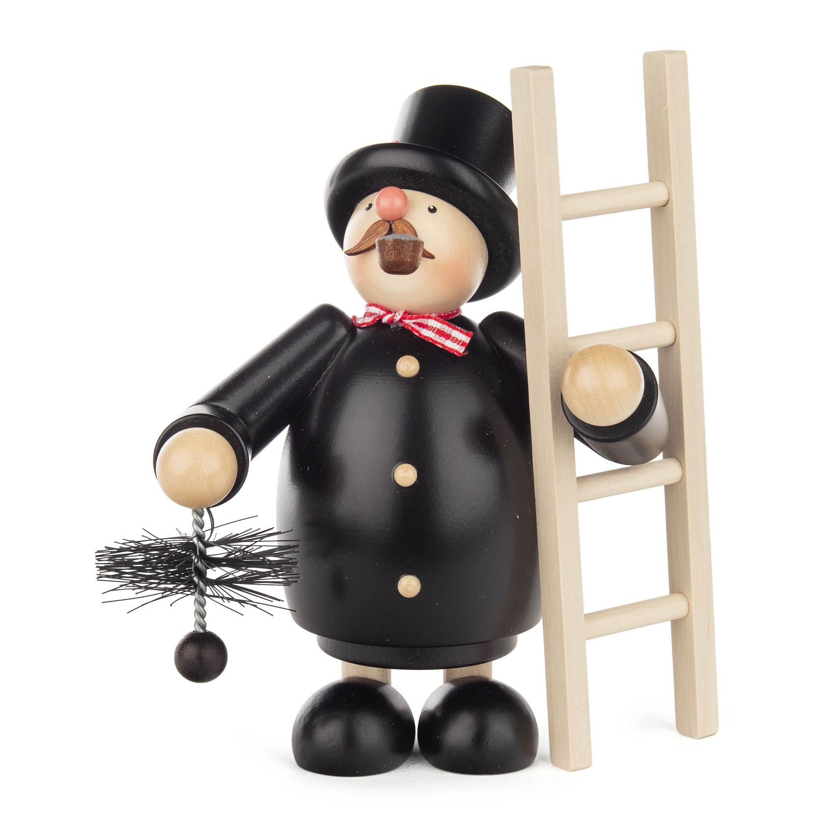 Holzfigur eines Schornsteinfegers mit Zylinder, roter Fliege, Besen und Leiter. Die Figur ist traditionell als Räuchermann gestaltet.
