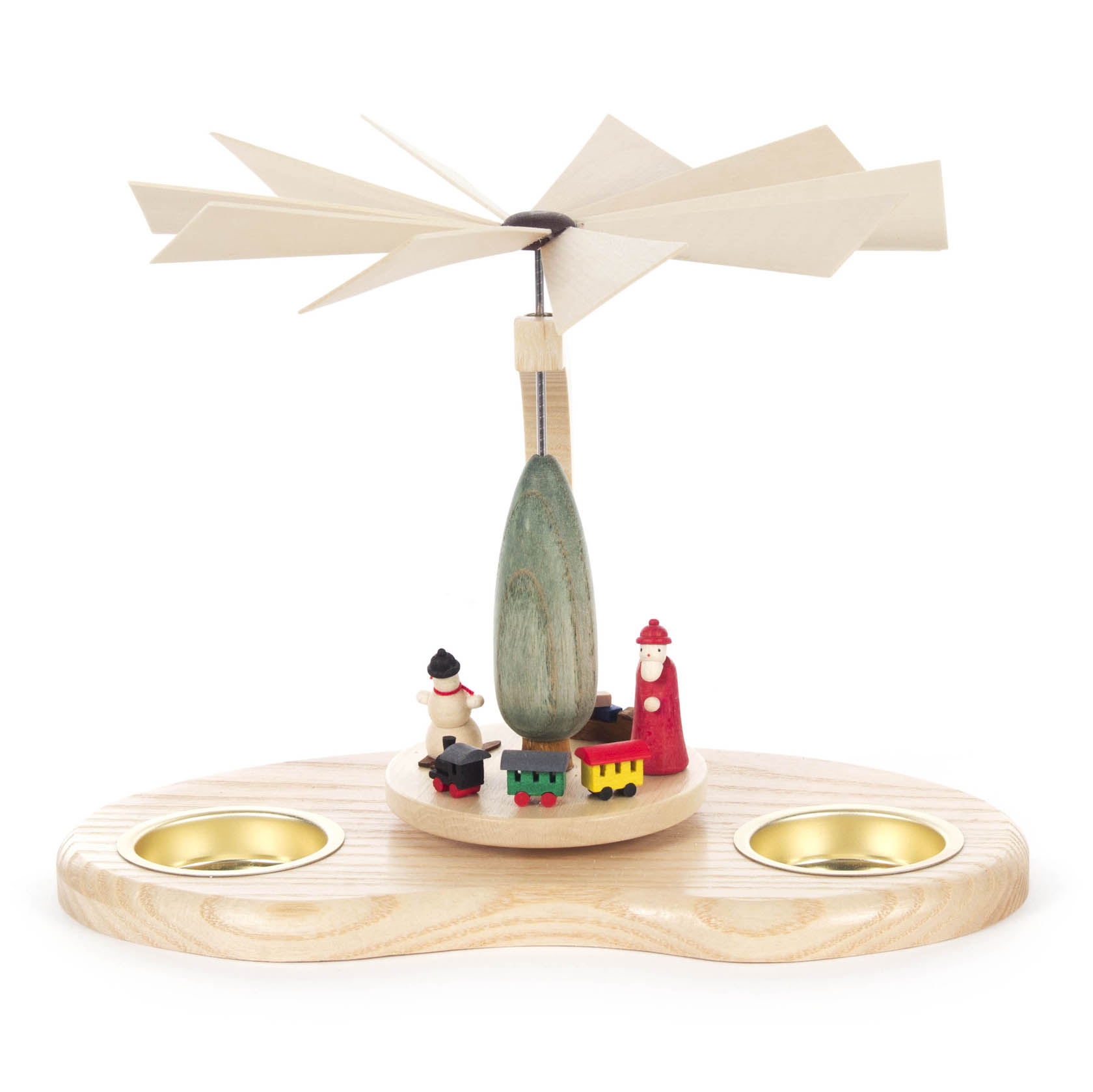 Holzpyramide mit Weihnachtsmann, Eisenbahn und Flügelrad, aufgestellt für Teelichte, aus hellem Holz gefertigt. im Dregeno Online Shop günstig kaufen