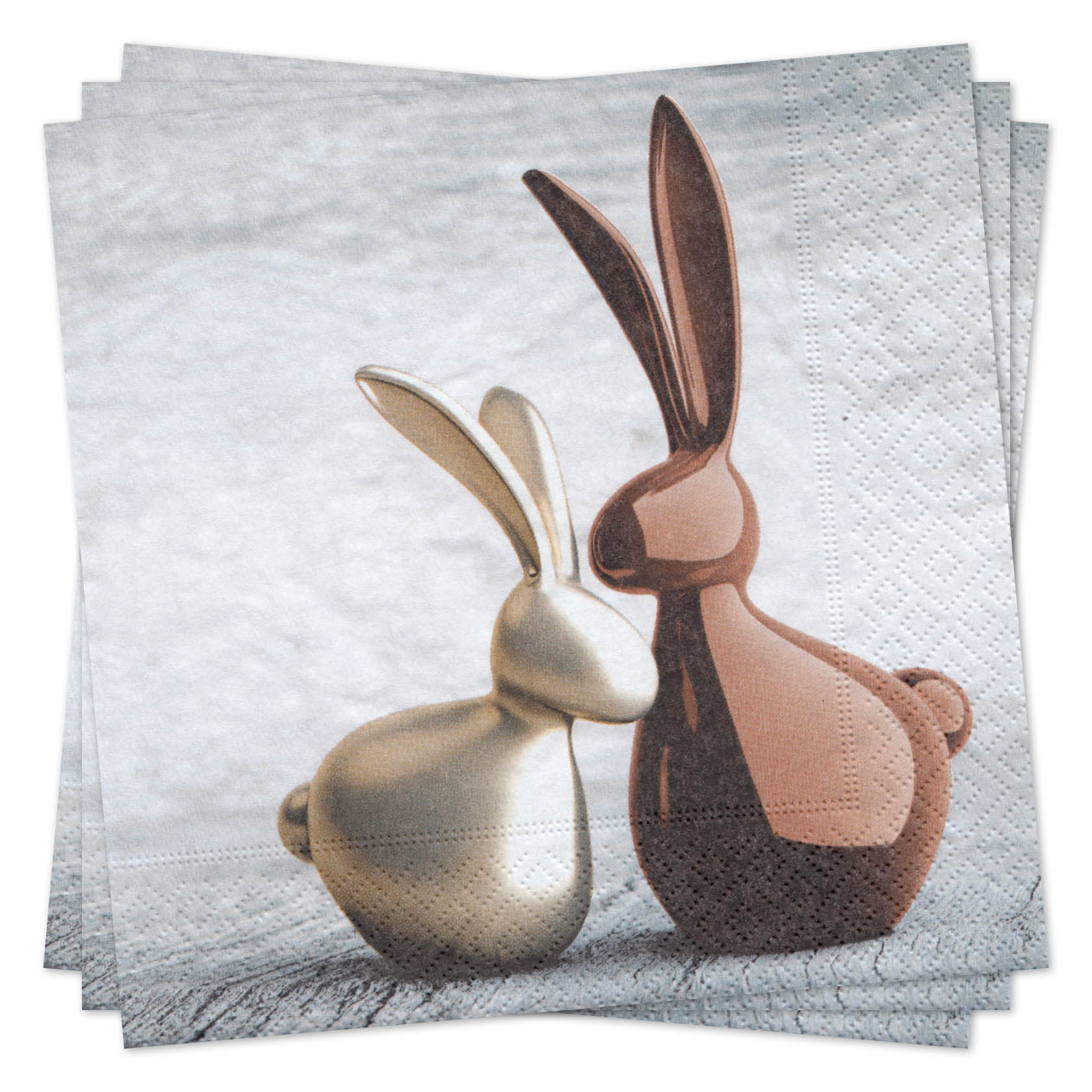 Zwei Servietten mit Abbildung von stilisierten Hasenfiguren, eine in Goldoptik und eine in Kupferoptik, lehnen sich aneinander. im Dregeno Online Shop günstig kaufen
