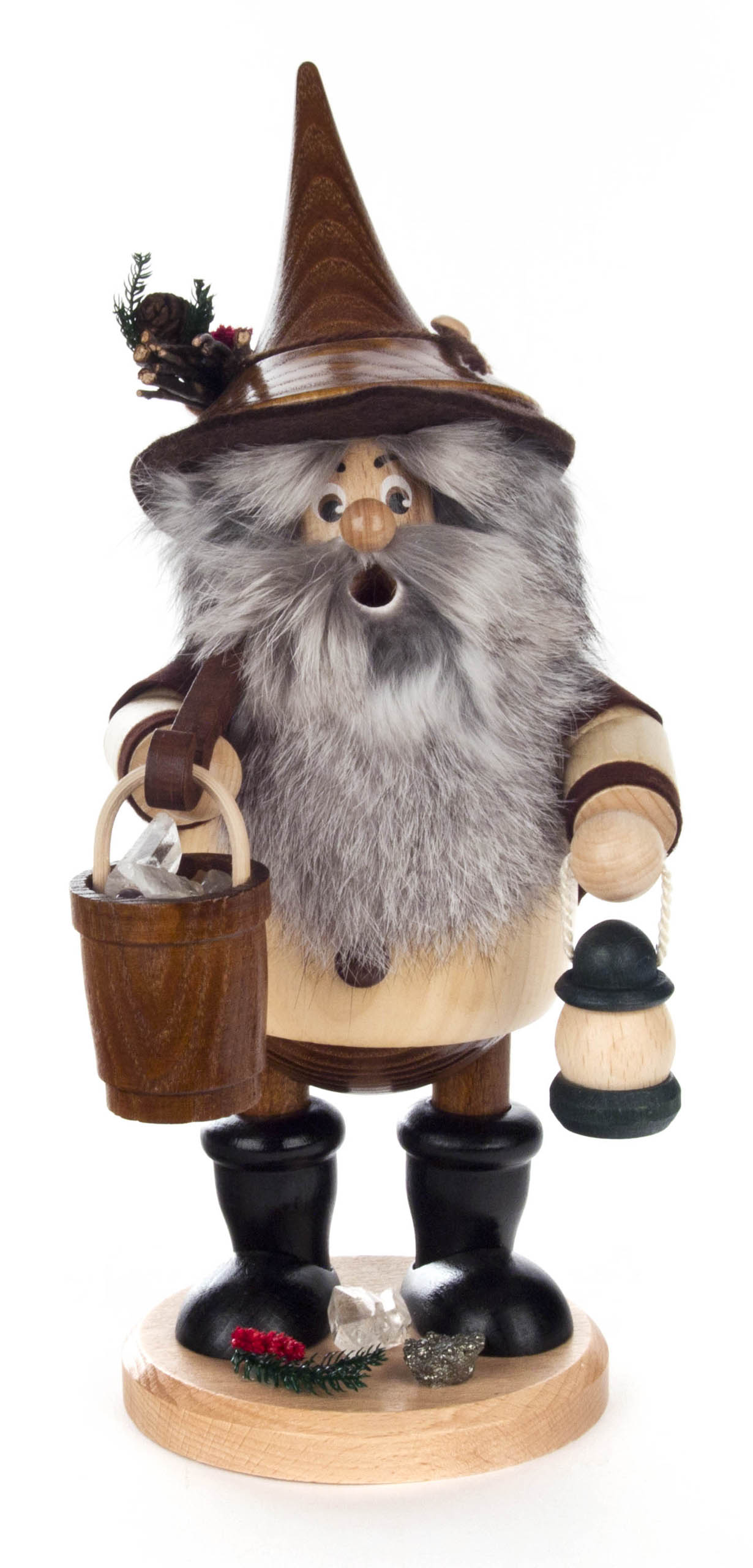 Holzfigur eines Räuchermanns namens Erzwichtel mit langem grauen Bart, spitzem Hut, hält einen Eimer und eine kleine Laterne. im Dregeno Online Shop günstig kaufen