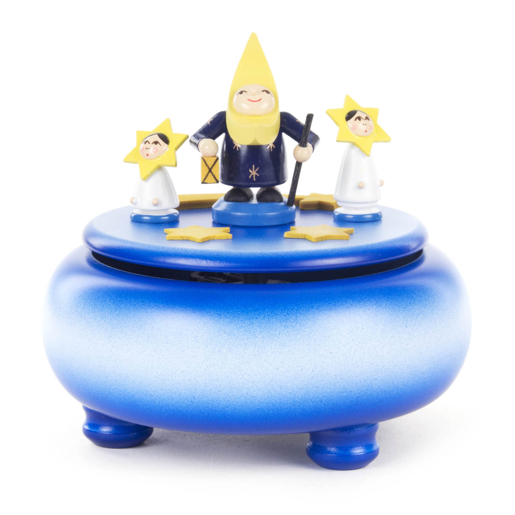 Blaue Spieldose mit einem Mondmann und zwei Kindern mit Sternenköpfen auf dem Deckel. Das Design ist kindlich und farbenfroh. im Dregeno Online Shop günstig kaufen