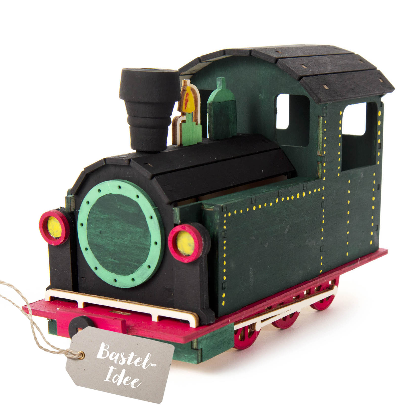 A wooden incense burner shaped like a green locomotive on a base, with a detachable chimney for incense cone placement. im Dregeno Online Shop günstig kaufen