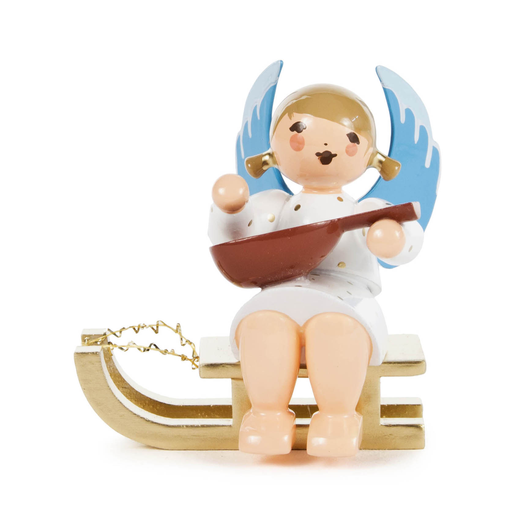 Ein Engel mit blauen Flügeln sitzt auf einem Holzschlitten und hält eine Mandoline in den Händen. im Dregeno Online Shop günstig kaufen