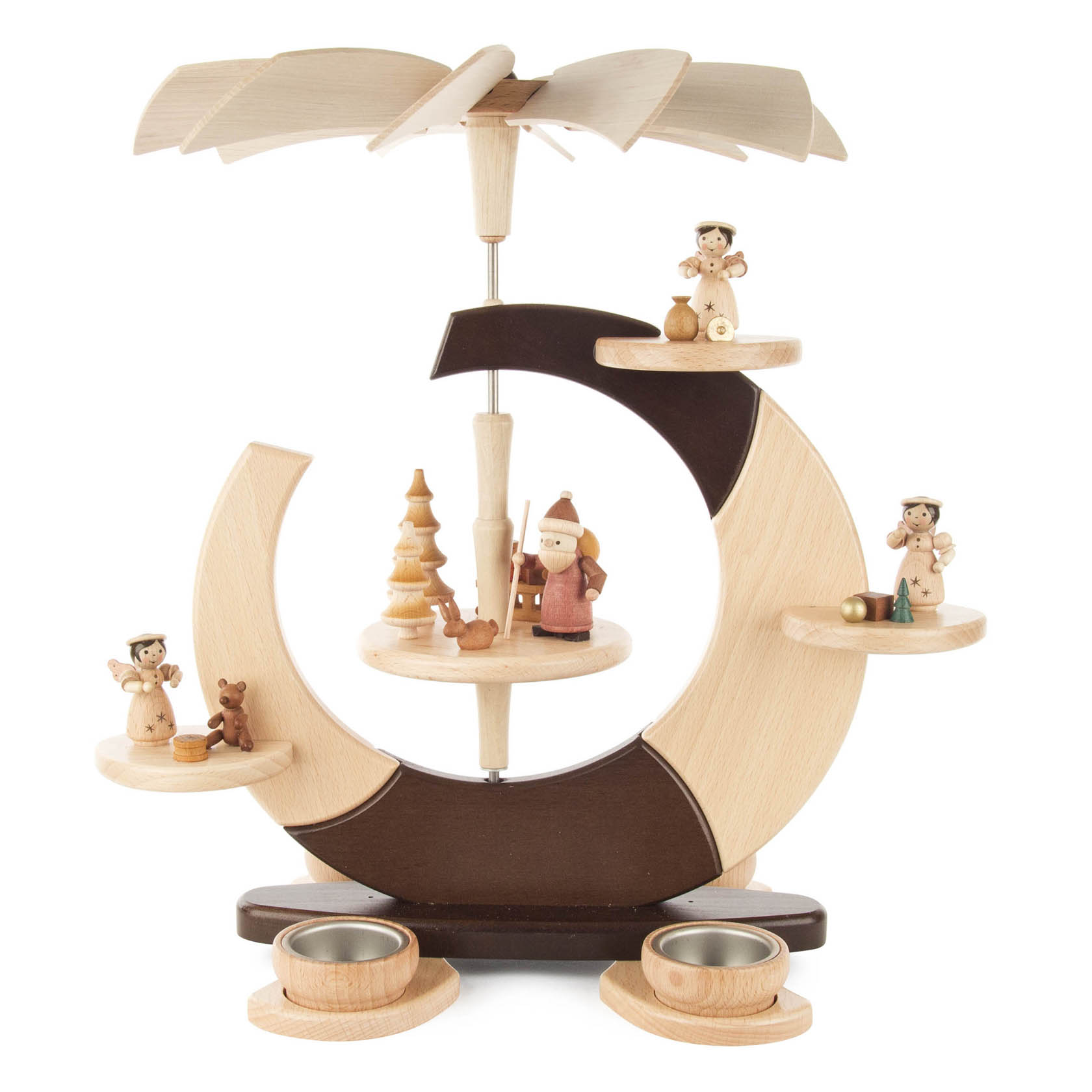 Holzpyramide in Form eines offenen Kreises mit einem Weihnachtsmann, Engeln, einem Baum und Platz für Teelichter. im Dregeno Online Shop günstig kaufen