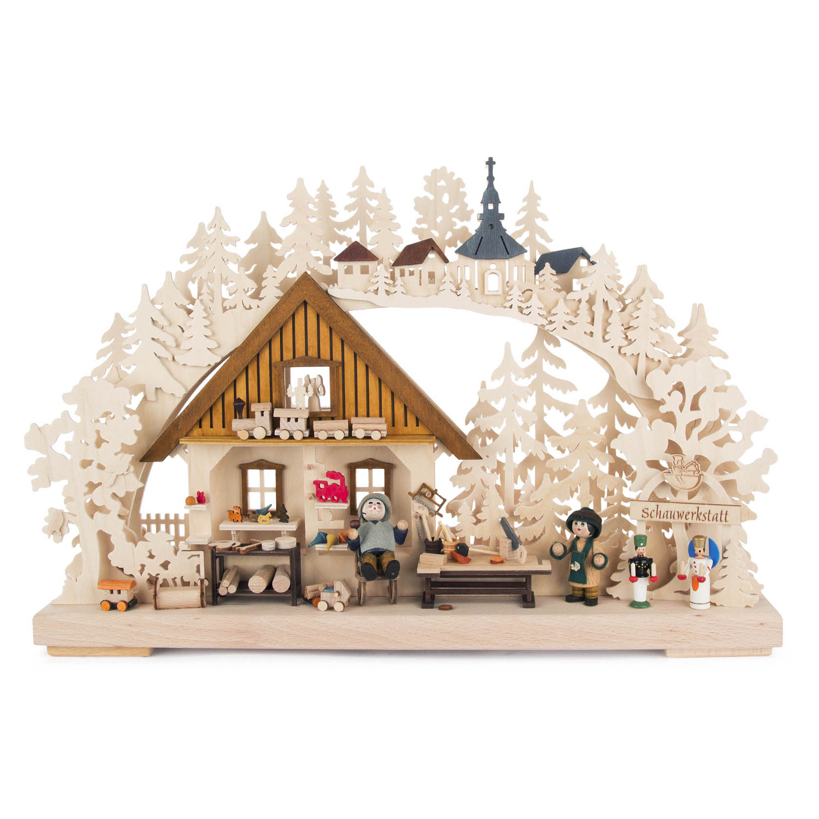Ein kleiner Schwibbogen mit dem Motiv einer Spielzeugmacherwerkstatt, elektrisch beleuchtet, zeigt Handwerker beim Spielzeugbau im Detail. im Dregeno Online Shop günstig kaufen