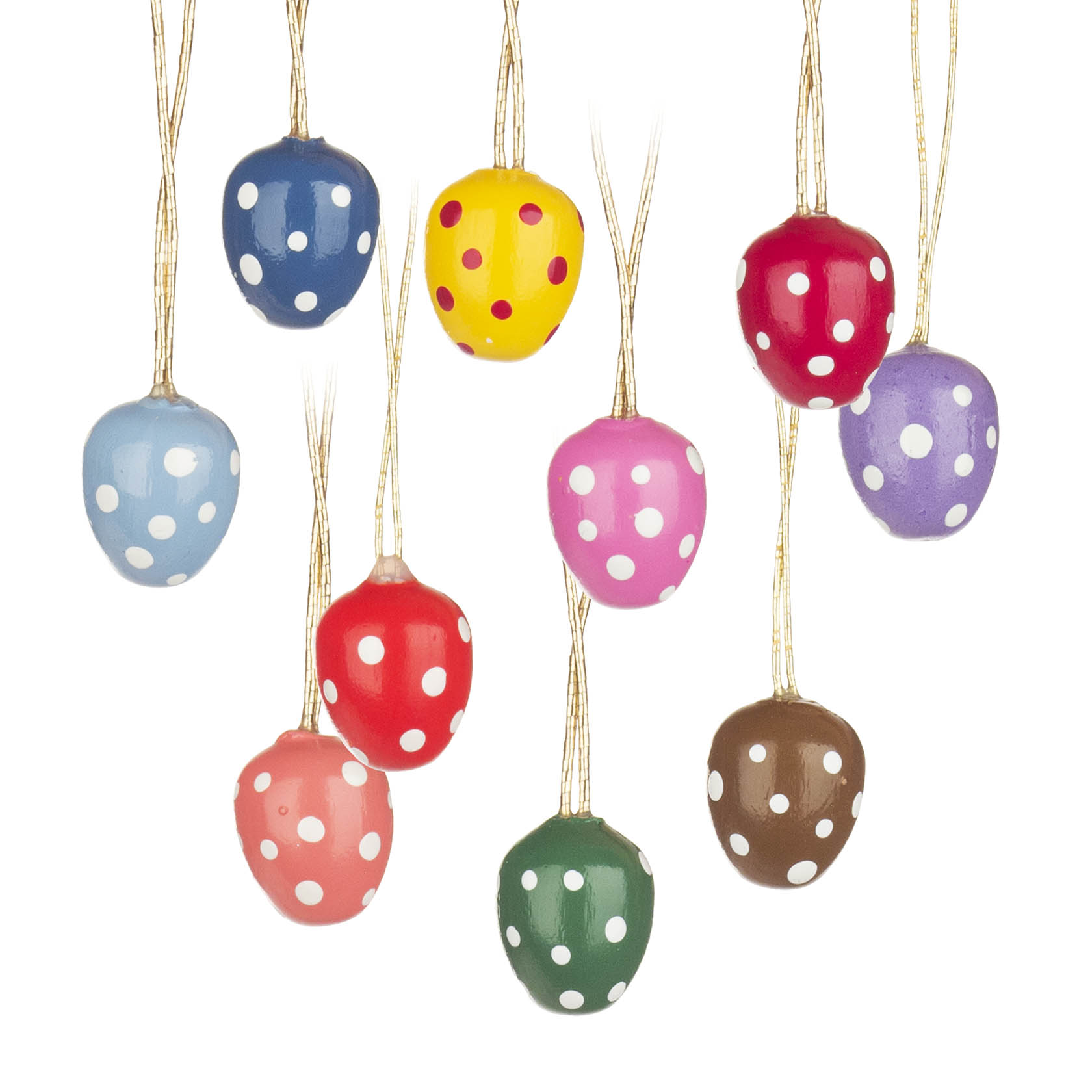 Zehn bunte Ostereier mit weißen Punkten, die an goldenen Fäden hängen. Die Farben sind Rot, Gelb, Grün, Blau, Lila, Orange und Braun. im Dregeno Online Shop günstig kaufen