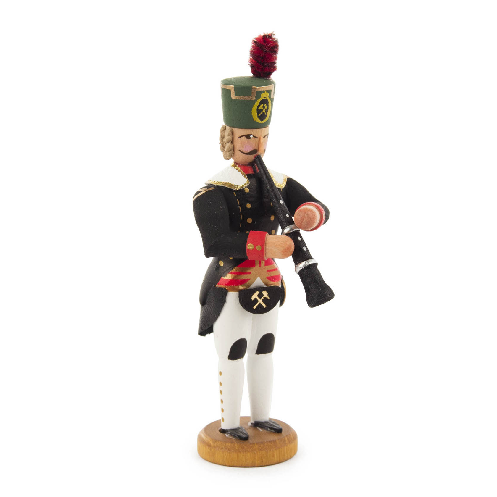 Holzfigur eines Bergmanns in traditioneller Uniform mit schwarzem Anzug, rotem Gürtel und Schachthut, der eine Klarinette spielt. im Dregeno Online Shop günstig kaufen