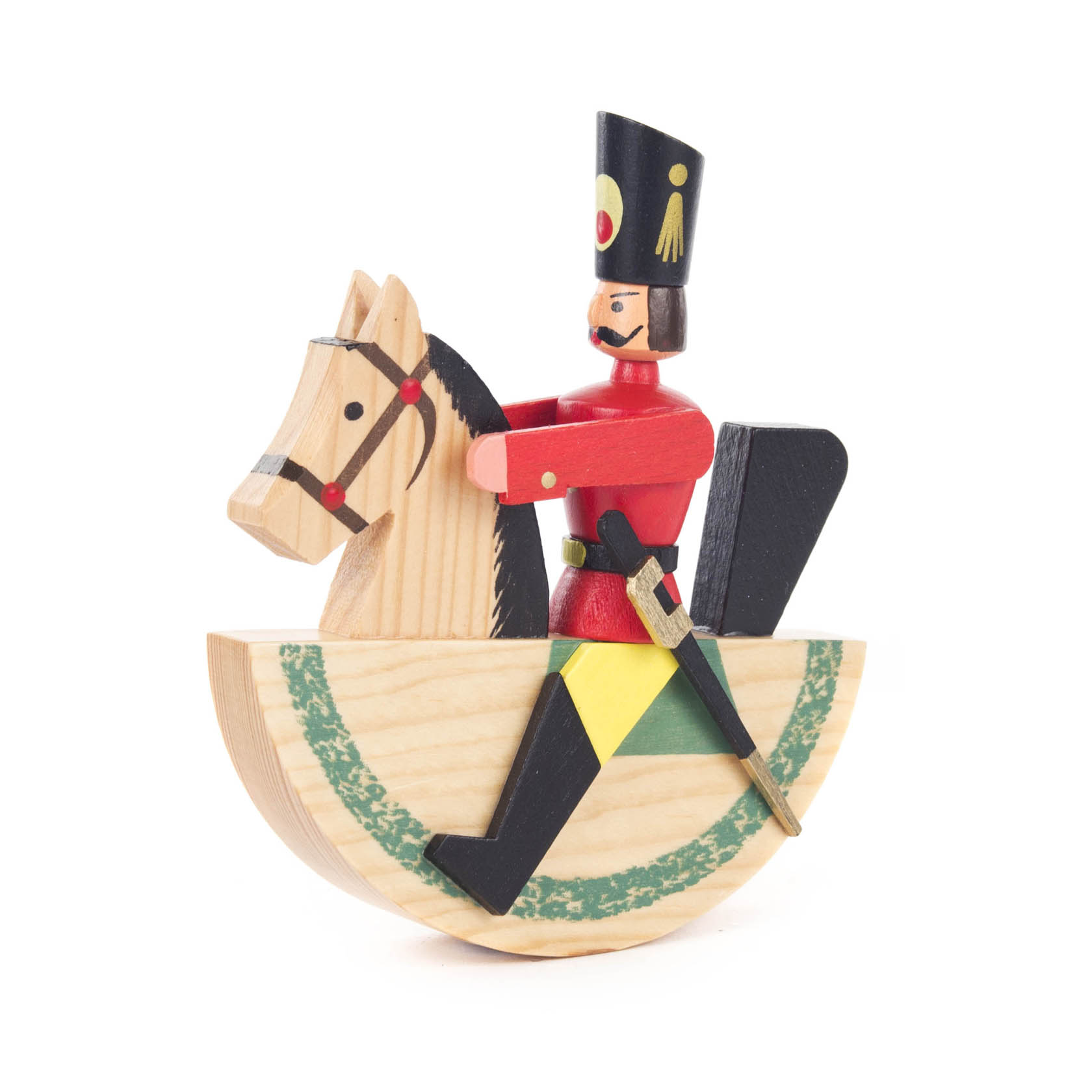 Holzspielzeug: Kleiner farbenfroher Reiter in roter Uniform auf einem schaukelnden Holzpferd, etwa 12 cm groß. im Dregeno Online Shop günstig kaufen