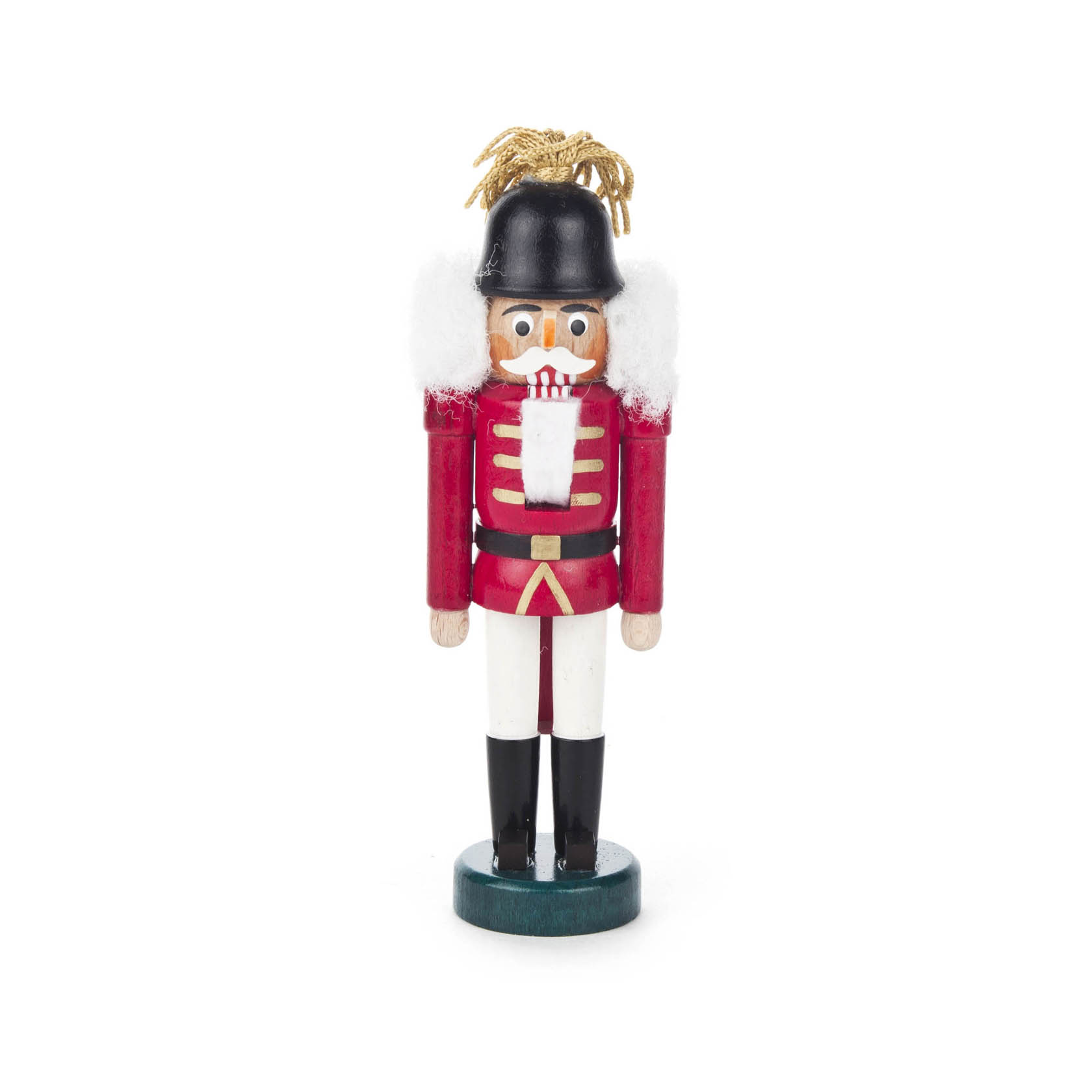 Ein 13 cm großer Nussknacker in rotem und weißem Kostüm, mit schwarzem Hut und goldener Verzierung. Er hat weiße Fellverzierungen an den Schultern und einen Schnurrbart. im Dregeno Online Shop günstig kaufen
