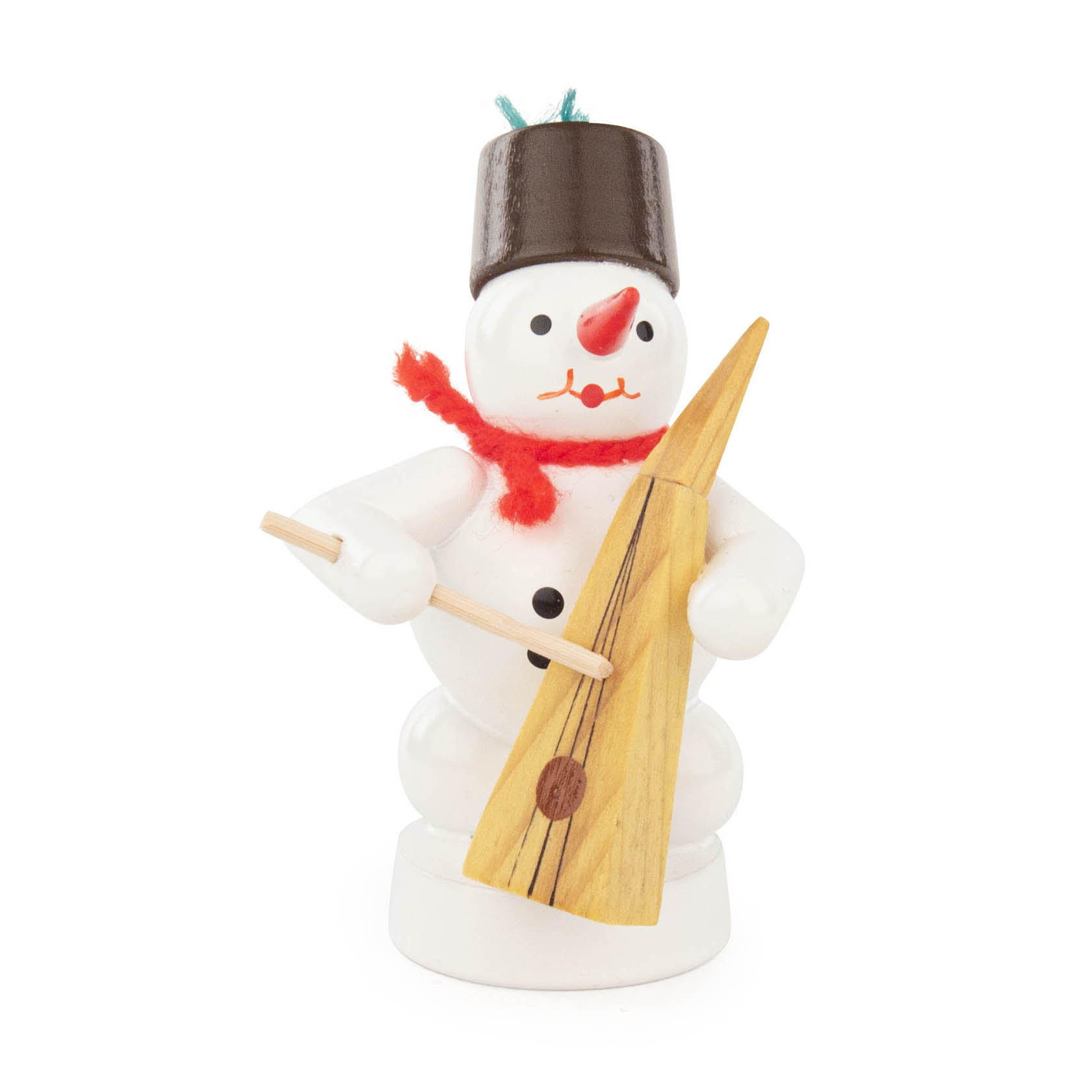 Ein Schneemann mit rotem Schal spielt ein Trumscheit und hält einen Stock in der rechten Hand. Er trägt einen braunen Zylinderhut. im Dregeno Online Shop günstig kaufen