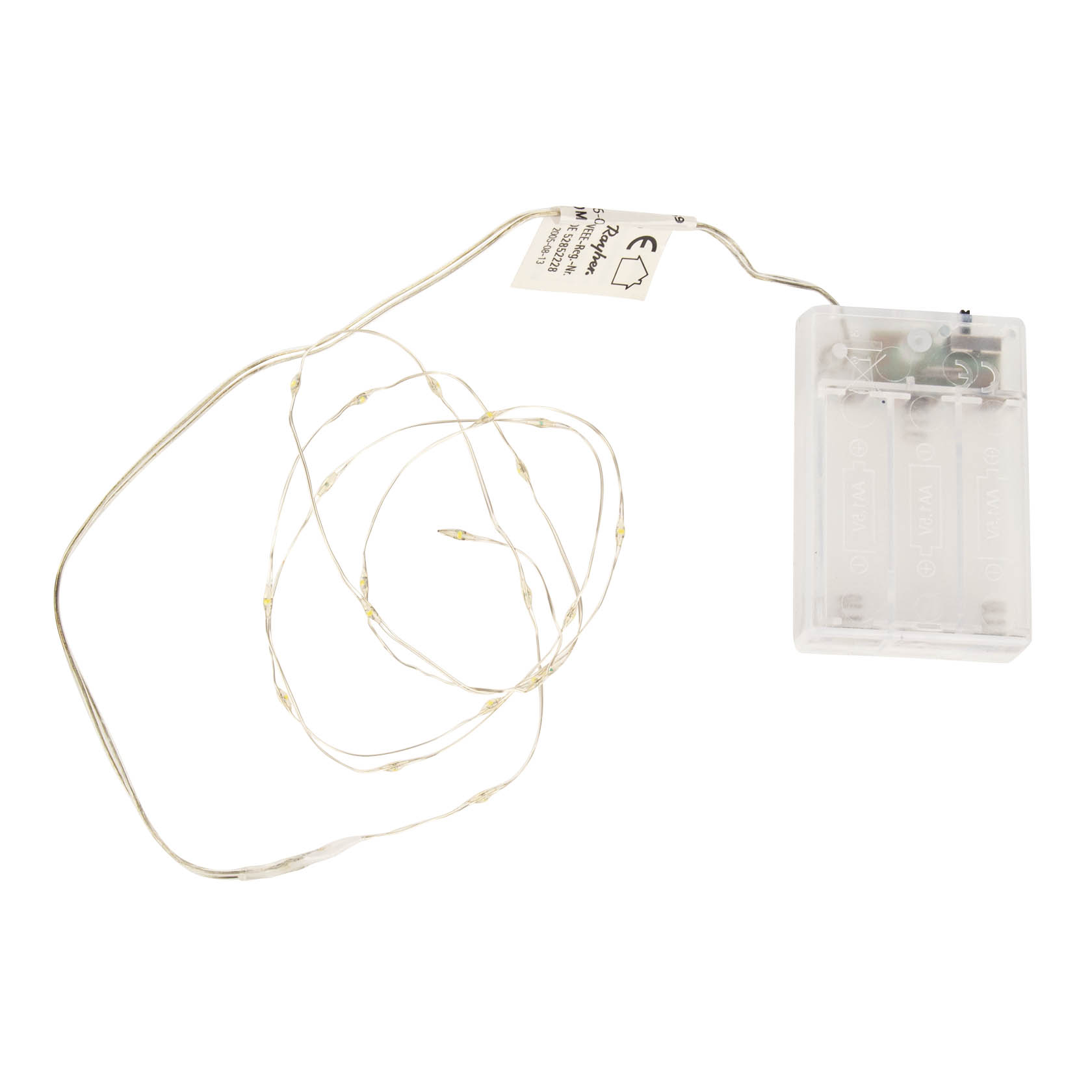 Transparente Batteriebox mit angeschlossener, dünner Drahtlichterkette; darauf verteilt sind 20 kleine LEDs. im Dregeno Online Shop günstig kaufen