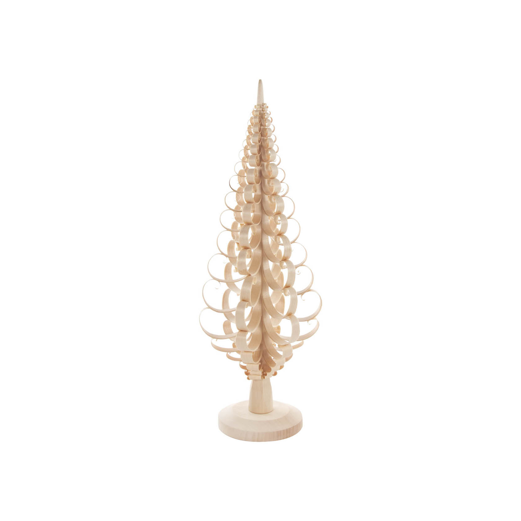 Ein dekorativer Spanbaum aus hellem Naturholz, 40 cm hoch, mit spiralförmigen Verzierungen auf einem runden Sockel. im Dregeno Online Shop günstig kaufen