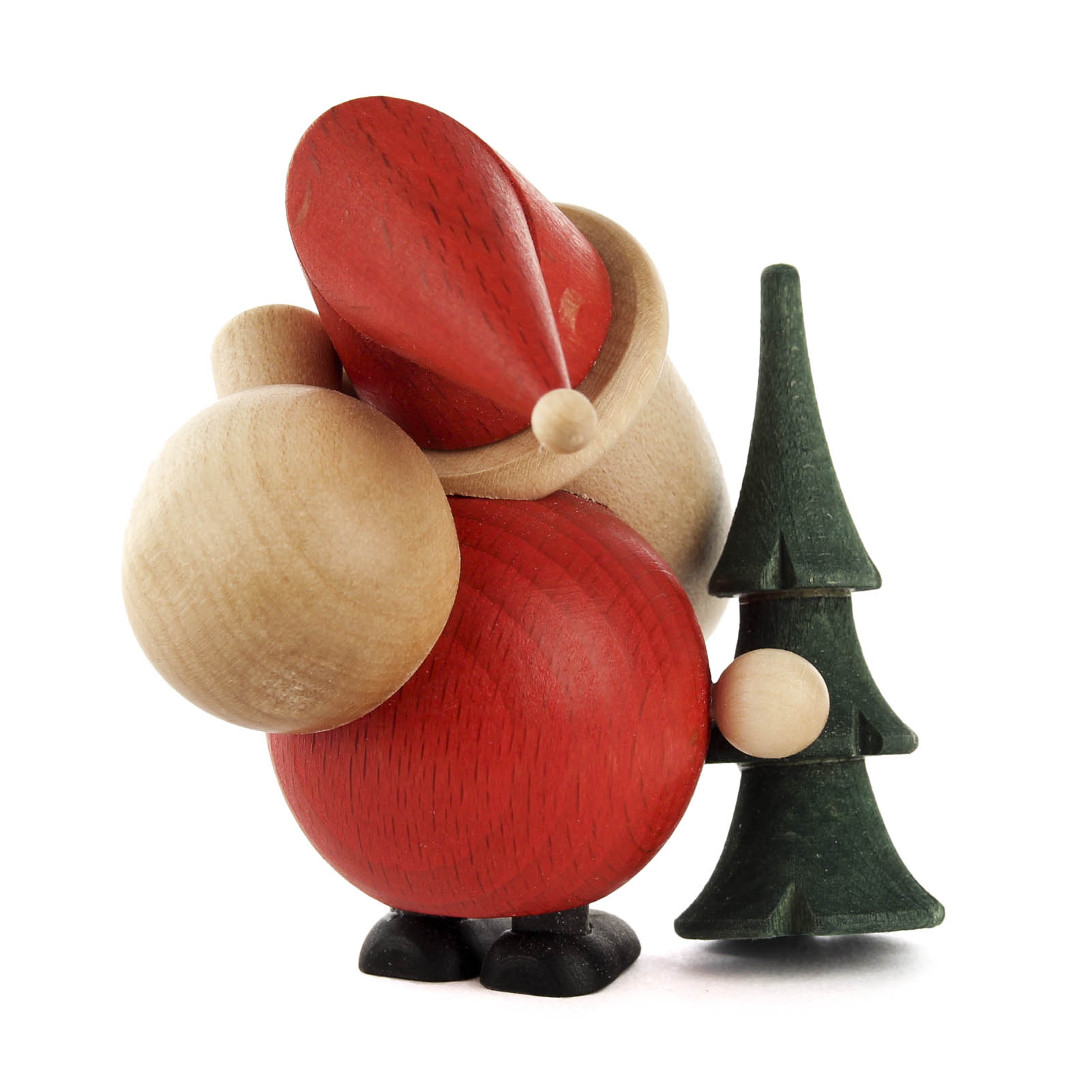 Carved wooden Santa Claus figure with a small green Christmas tree, featuring simple round shapes and minimalistic design.