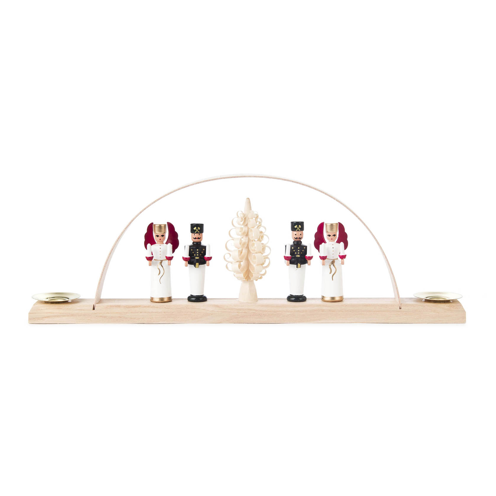 Ein hölzerner Schwibbogen mit zwei Engeln und zwei Bergmännern, Zentrum bildet ein geschnitzter Baum, an beiden Enden Kerzenhalter für 10mm Kerzen. im Dregeno Online Shop günstig kaufen