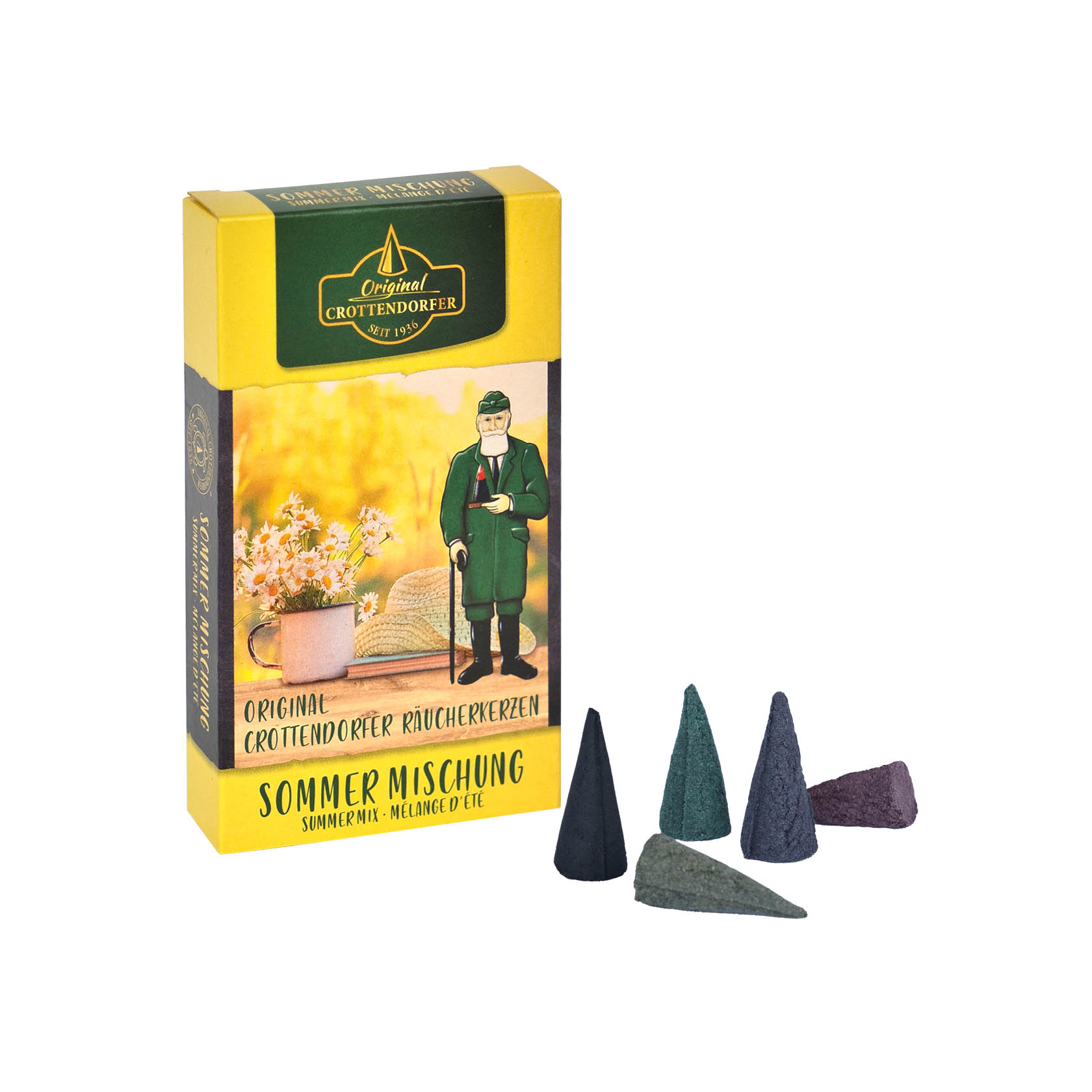 A box of Crottendorfer incense cones labeled 'Sommer Mischung' with an illustration of a traditional smoker figure and several incense cones in green, red, and brown. im Dregeno Online Shop günstig kaufen
