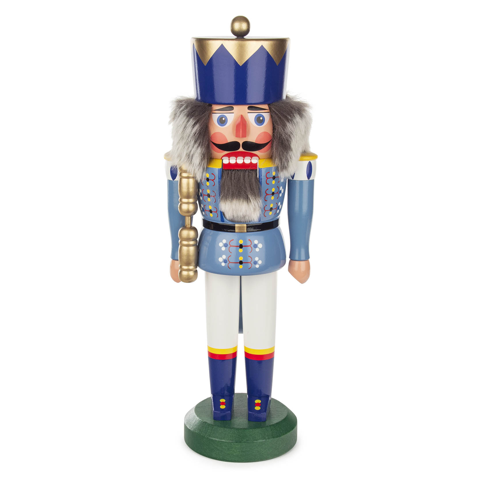 Nussknacker König in hellblauer Uniform mit weißen Hosen und goldenen Details, 34 cm hoch, mit traditionellem Gesichtsausdruck und Bart. im Dregeno Online Shop günstig kaufen