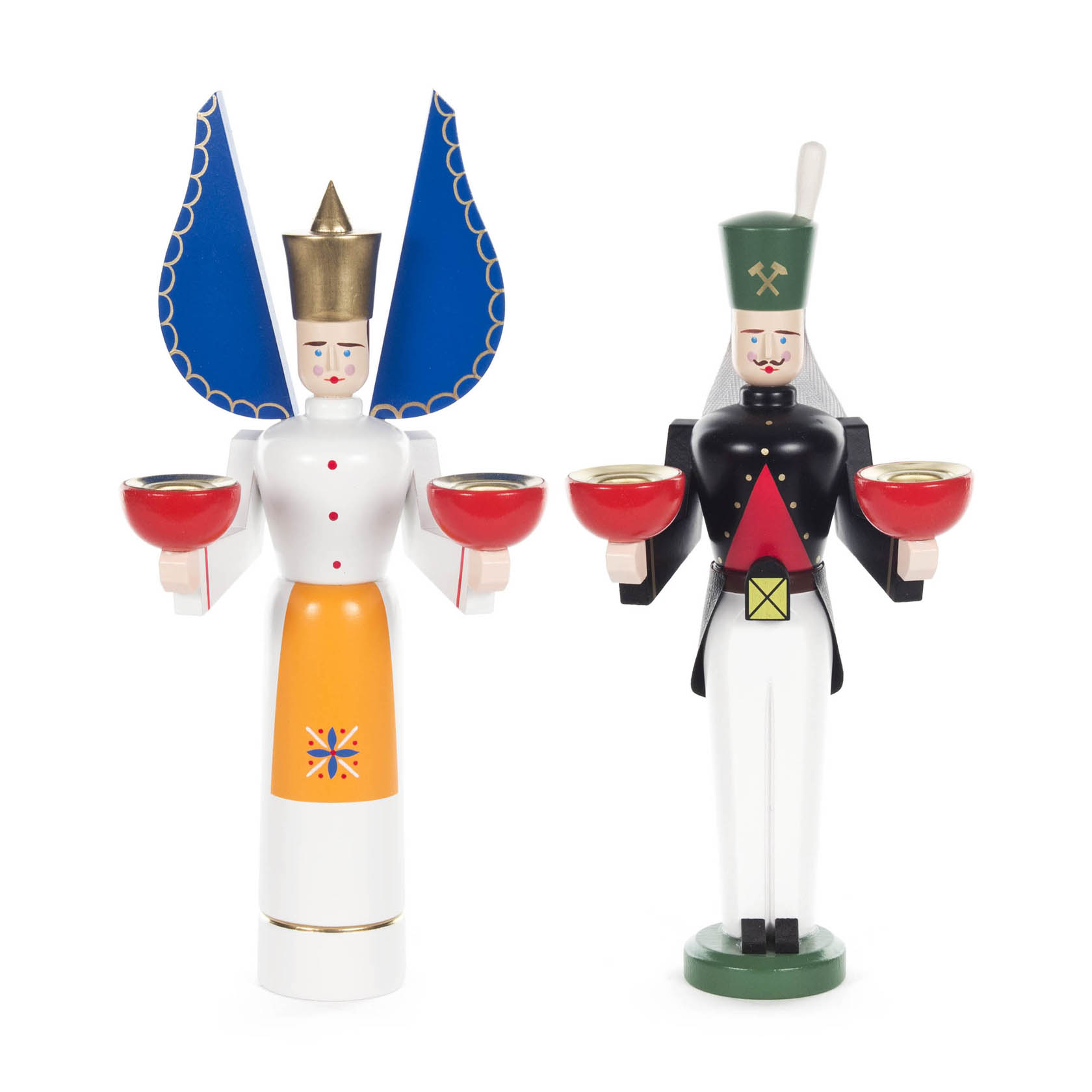 Holzfiguren Engel und Bergmann. Engel trägt orange Schürze, blaue Flügel und goldene Krone, Bergmann in traditioneller Bergmannskleidung mit Zylinder. im Dregeno Online Shop günstig kaufen