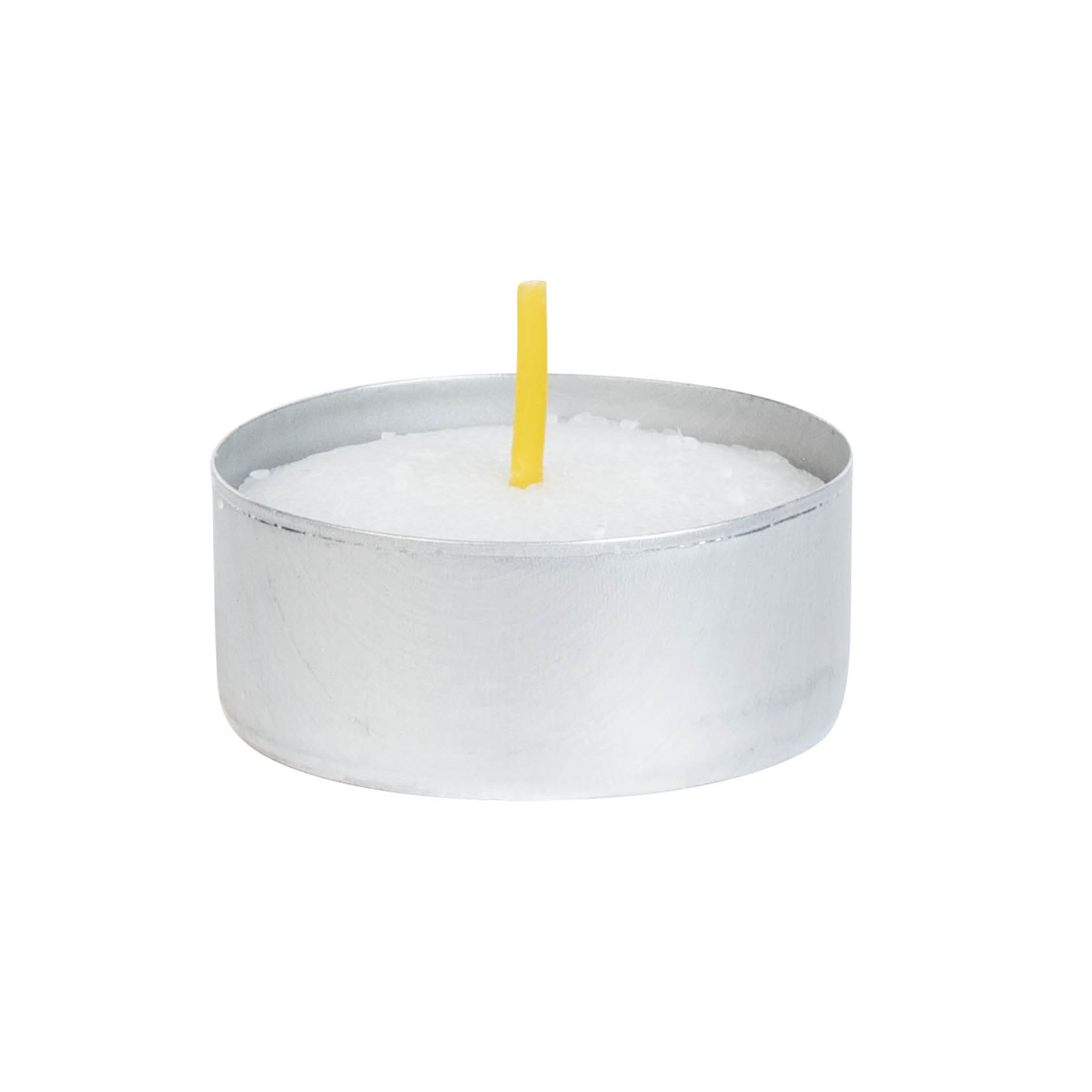 A single tealight candle with a white wax body and a yellow wick, encased in a silver metal cup.