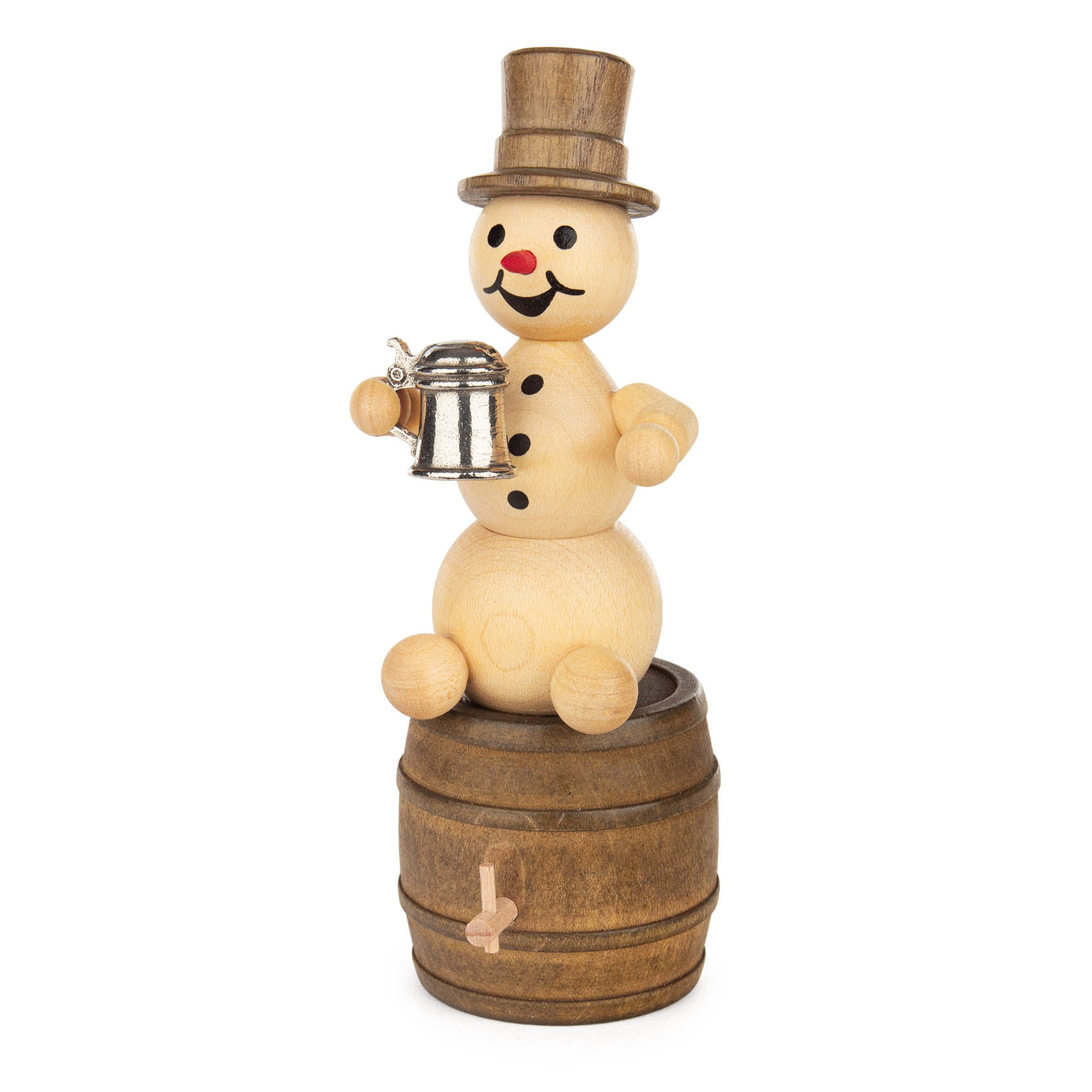 Holzfigur eines Schneemanns mit Zylinder, der auf einem Holzfass sitzt und einen kleinen Krug in der rechten Hand hält. im Dregeno Online Shop günstig kaufen