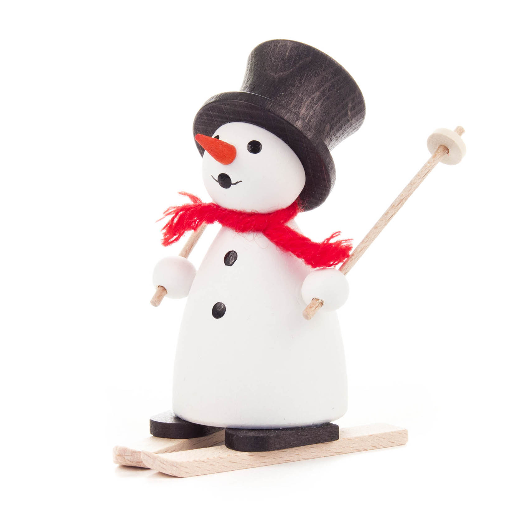 Holz-Schneemann mit schwarzem Zylinder und rotem Schal steht auf Skiern und hält Skistöcke in den Händen. im Dregeno Online Shop günstig kaufen