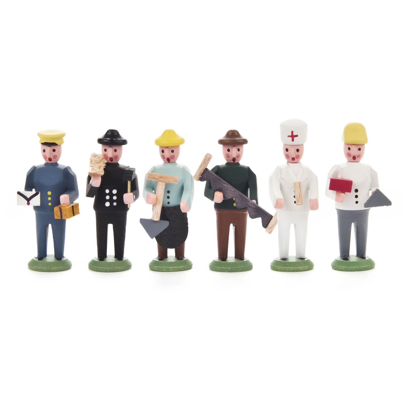 Sechs kleine Holzfiguren verschiedener Berufe: Kapitän, Bäcker, Kaminkehrer, Maurer, Arzt und Soldat, jeweils in berufsspezifischer Kleidung mit Zubehör. im Dregeno Online Shop günstig kaufen