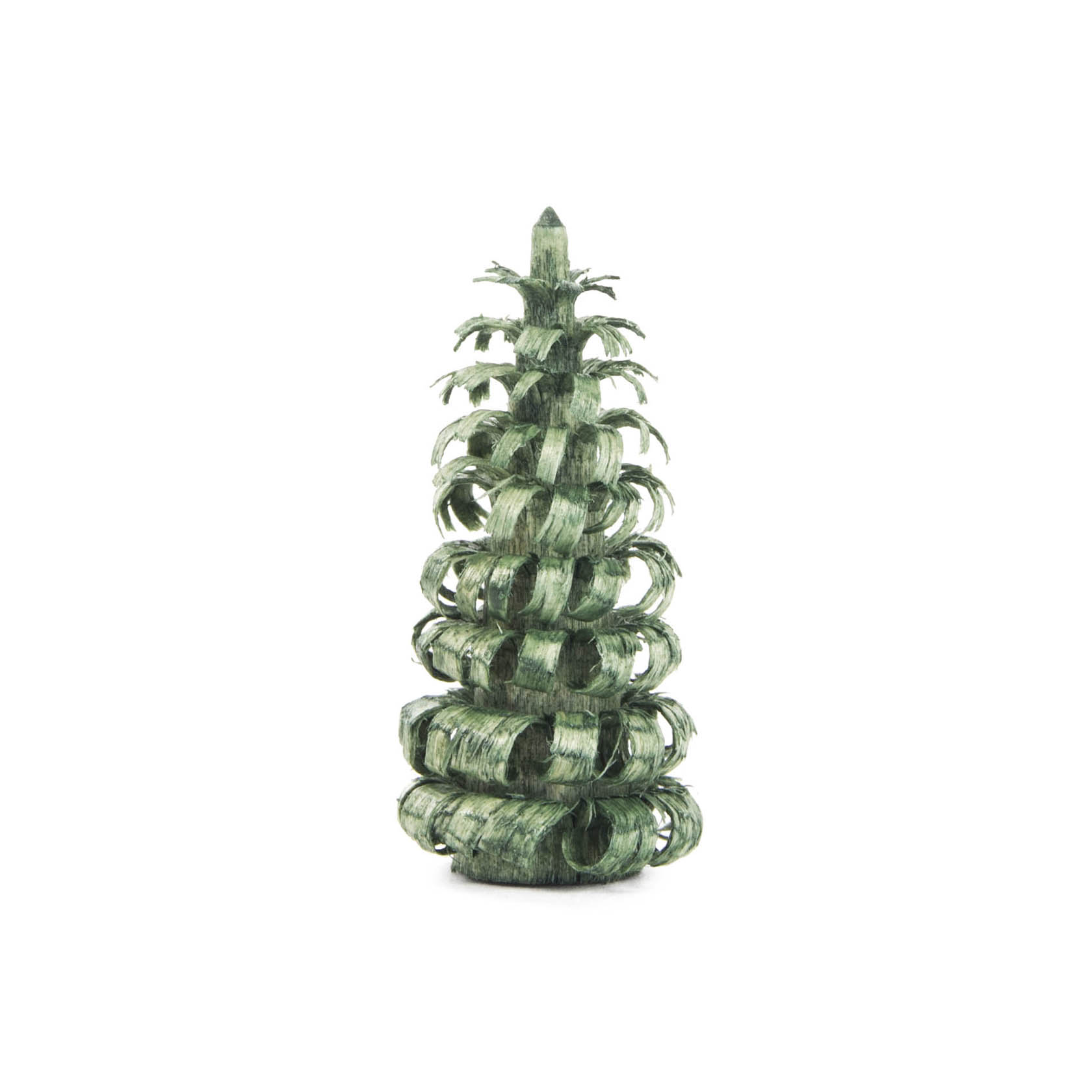 Ein kleiner, grüner Ringelbaum aus dicht gewundenen Spiralen, etwa 4 cm hoch. Die Spiralen bilden eine kegelförmige, baumartige Struktur. im Dregeno Online Shop günstig kaufen