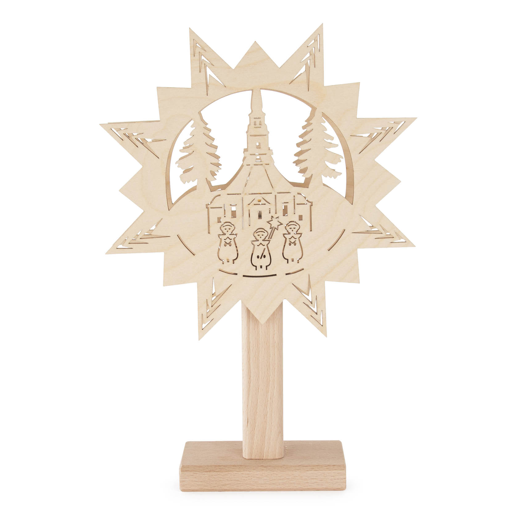 Wooden silhouette of Seiffen Church on a pedestal with electric lighting, featuring a star shape and detailed figures in front of the church. im Dregeno Online Shop günstig kaufen
