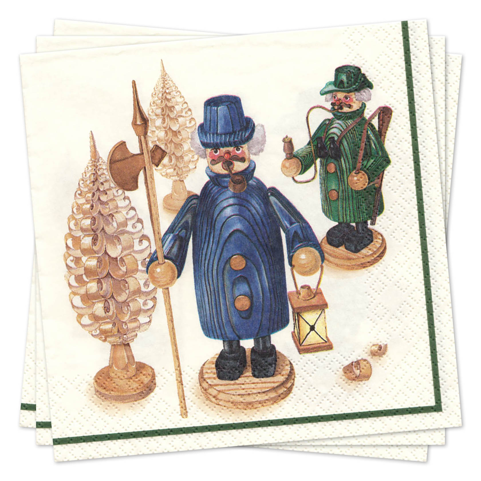 Zwei traditionelle Holzräuchermännchen, einer in blauem Mantel mit Laterne und Hellebarde, der andere in grünem Mantel mit Horn, neben Tannenbäumen. im Dregeno Online Shop günstig kaufen