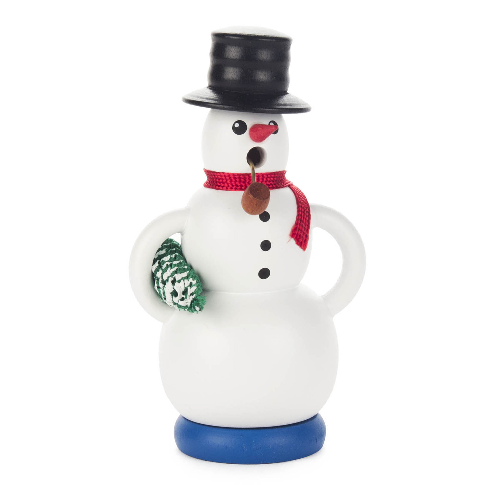Ein Räuchermann in Form eines Schneemanns mit rotem Schal, schwarzem Zylinder und grünem Baum in der Hand. im Dregeno Online Shop günstig kaufen