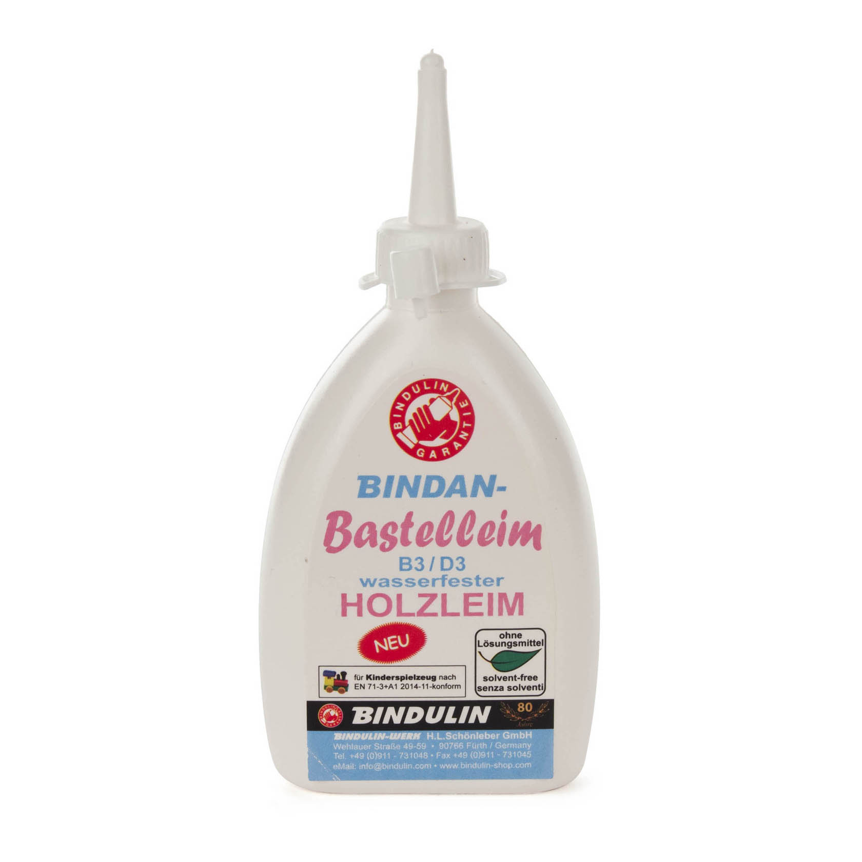 Eine weiße Plastikflasche mit spitzer Tülle, die den Bastelleim BINDAN-BB 100g von Bindulin zeigt, geeignet für Holzarbeiten nach B3/D3 Norm. im Dregeno Online Shop günstig kaufen