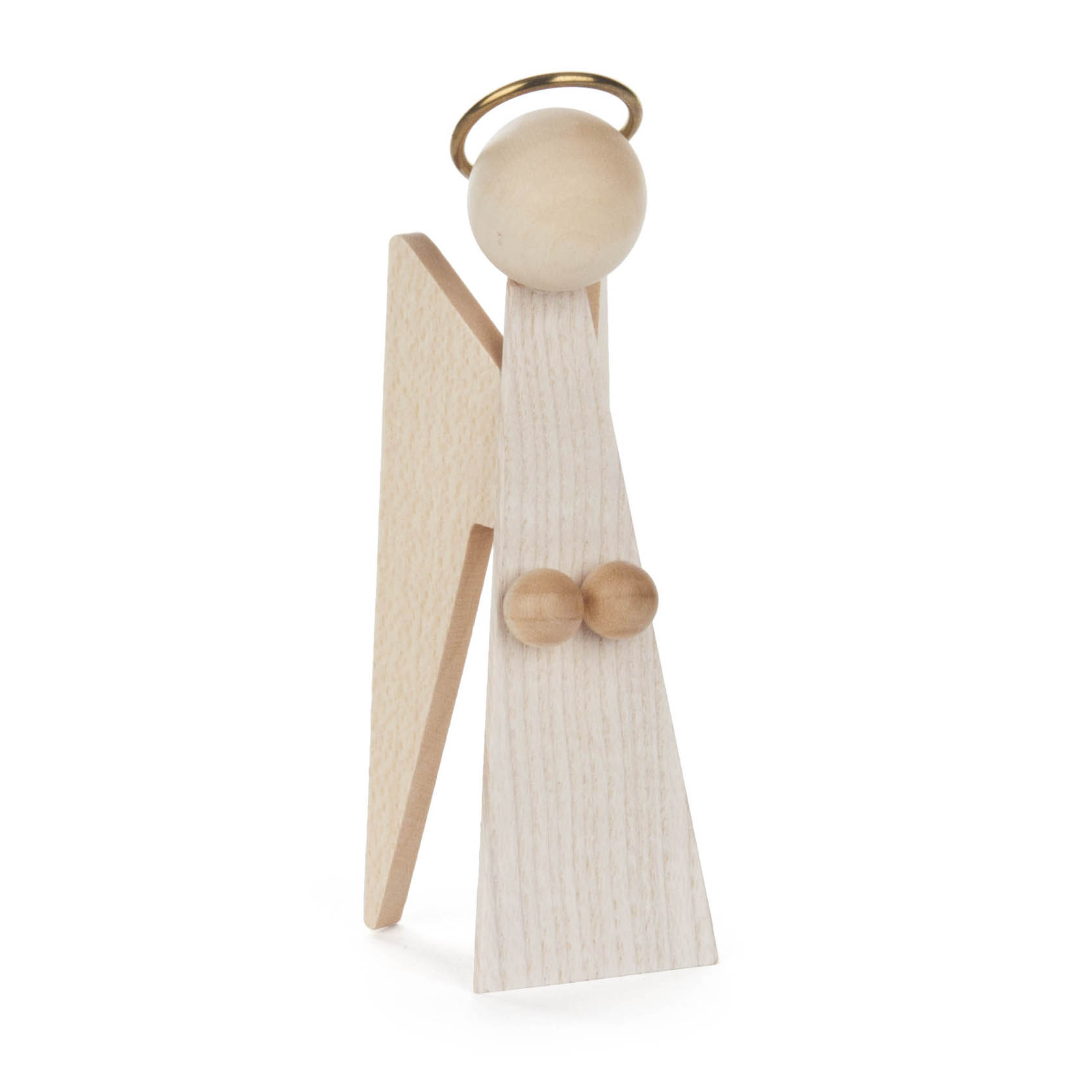 Holzengel-Figur mit einfachem Design, bestehend aus Kegel- und Kugel-Formen, mit goldfarbenem Heiligenschein. Figur ohne Gesicht mit anliegenden Flügeln. im Dregeno Online Shop günstig kaufen