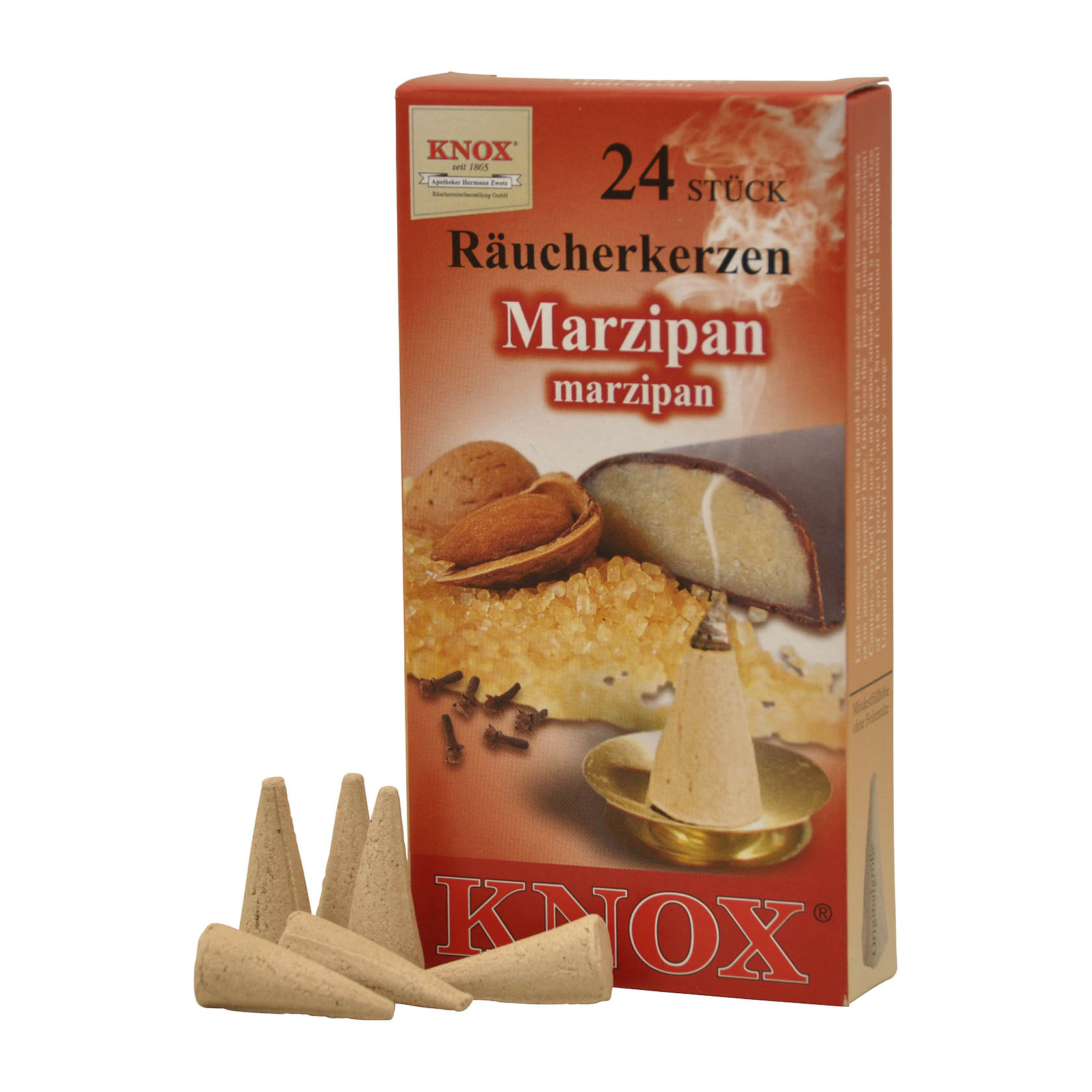 KNOX Räucherkerzenpackung mit Marzipan-Duft, zeigt Bild einer Marzipan-Süßigkeit, Räucherkerzen und aufsteigendem Rauch. im Dregeno Online Shop günstig kaufen