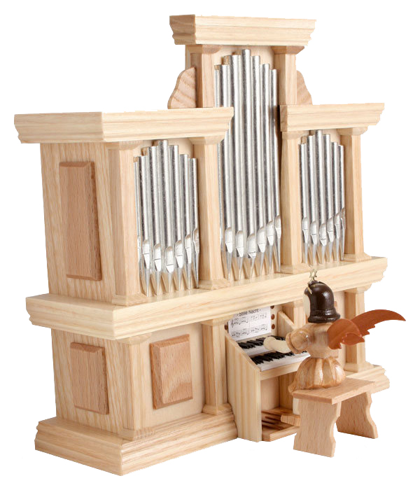 Holzfigur eines Engels mit Flügeln spielt eine Orgel, die aus naturbelassenem Holz gefertigt ist. Der Engel trägt einen Helm und sitzt auf einem Hocker. im Dregeno Online Shop günstig kaufen