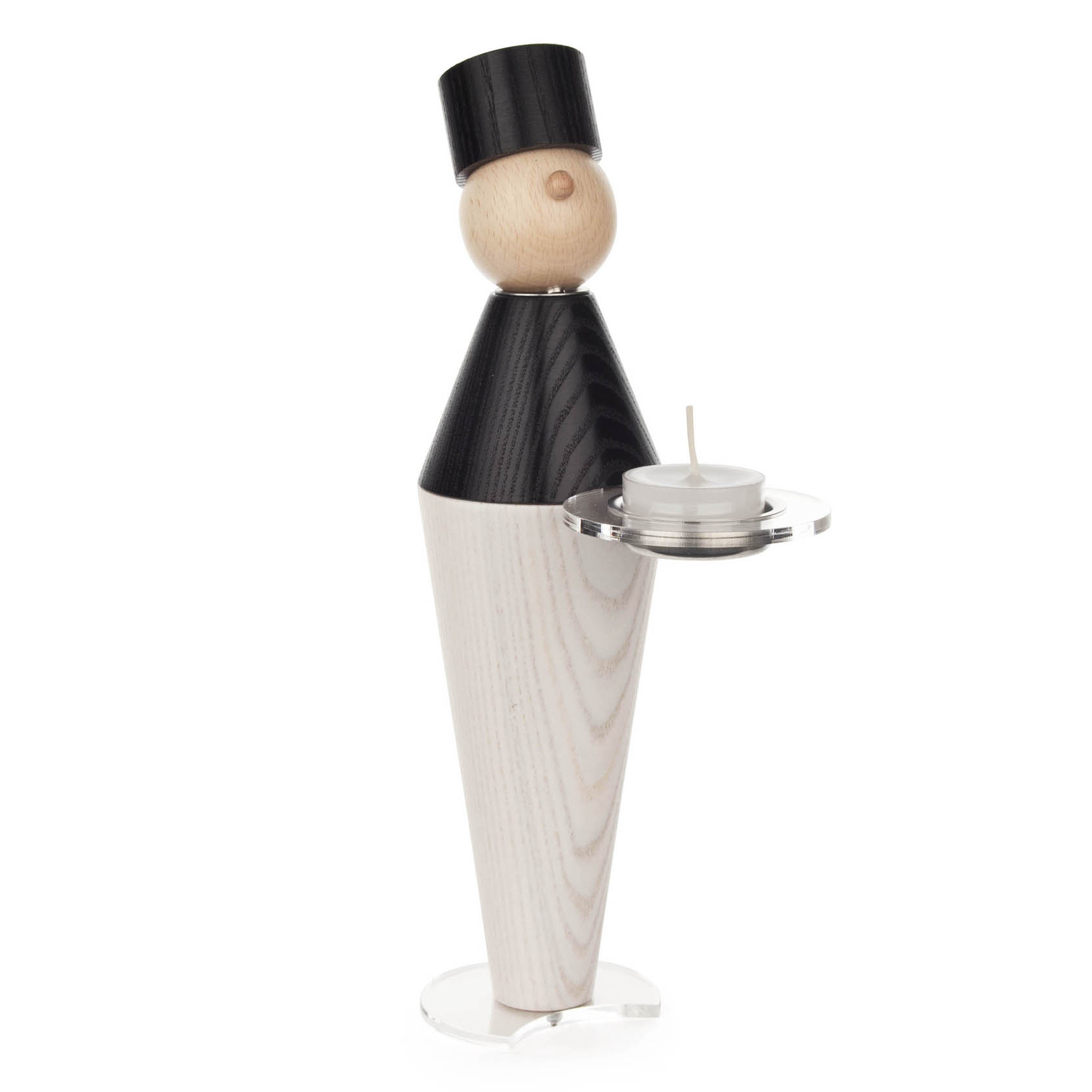 Moderne Holzfigur eines Bergmanns namens 'Erzclique', mit schwarzem Helm und Körper, hält ein rundes Tablett mit einem kleinen Teelicht.