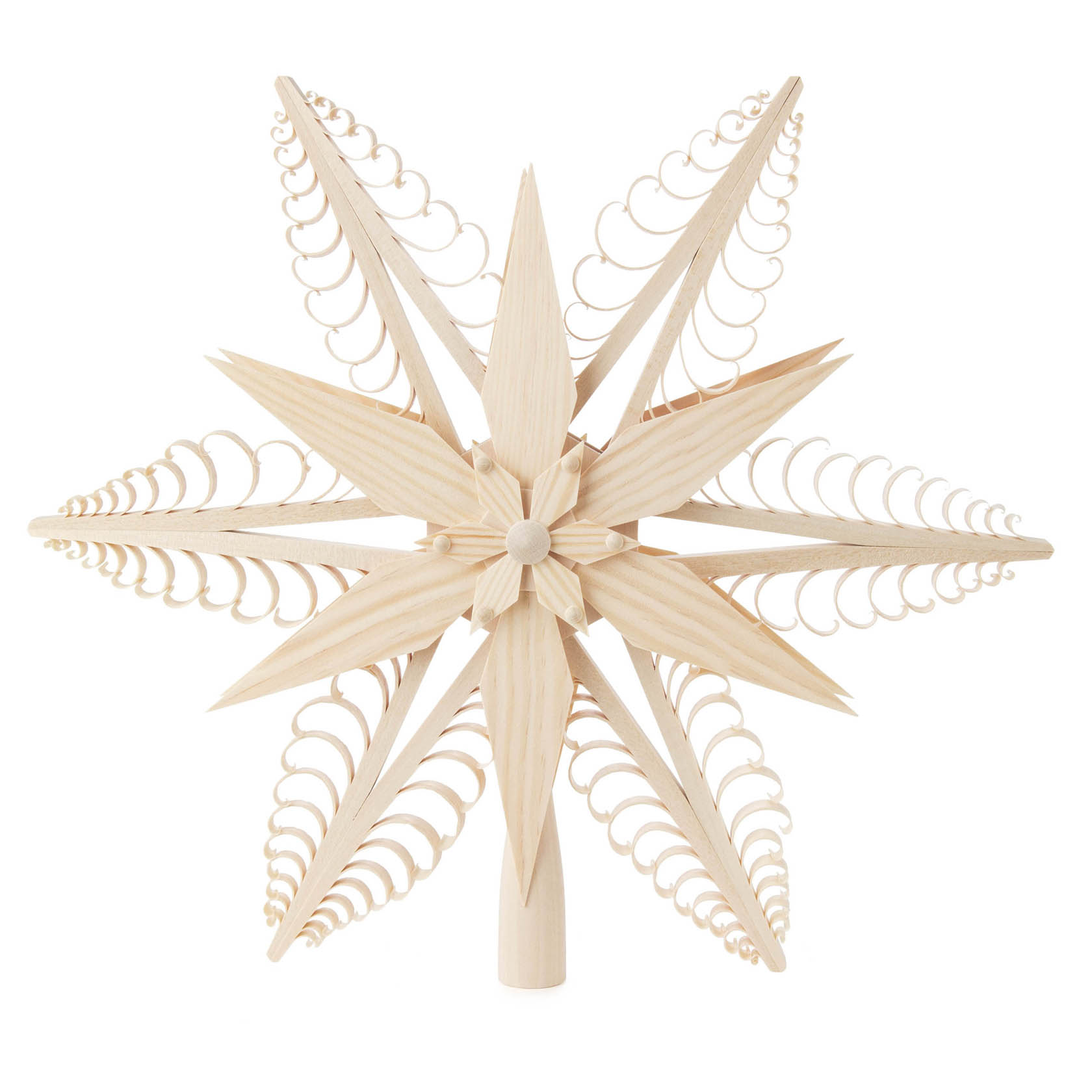 Hölzerne Christbaumspitze in Form eines filigranen Spansterns mit einem Durchmesser von 31 cm. Der Stern zeigt eine wegweisende, komplexe Handwerkskunst. im Dregeno Online Shop günstig kaufen