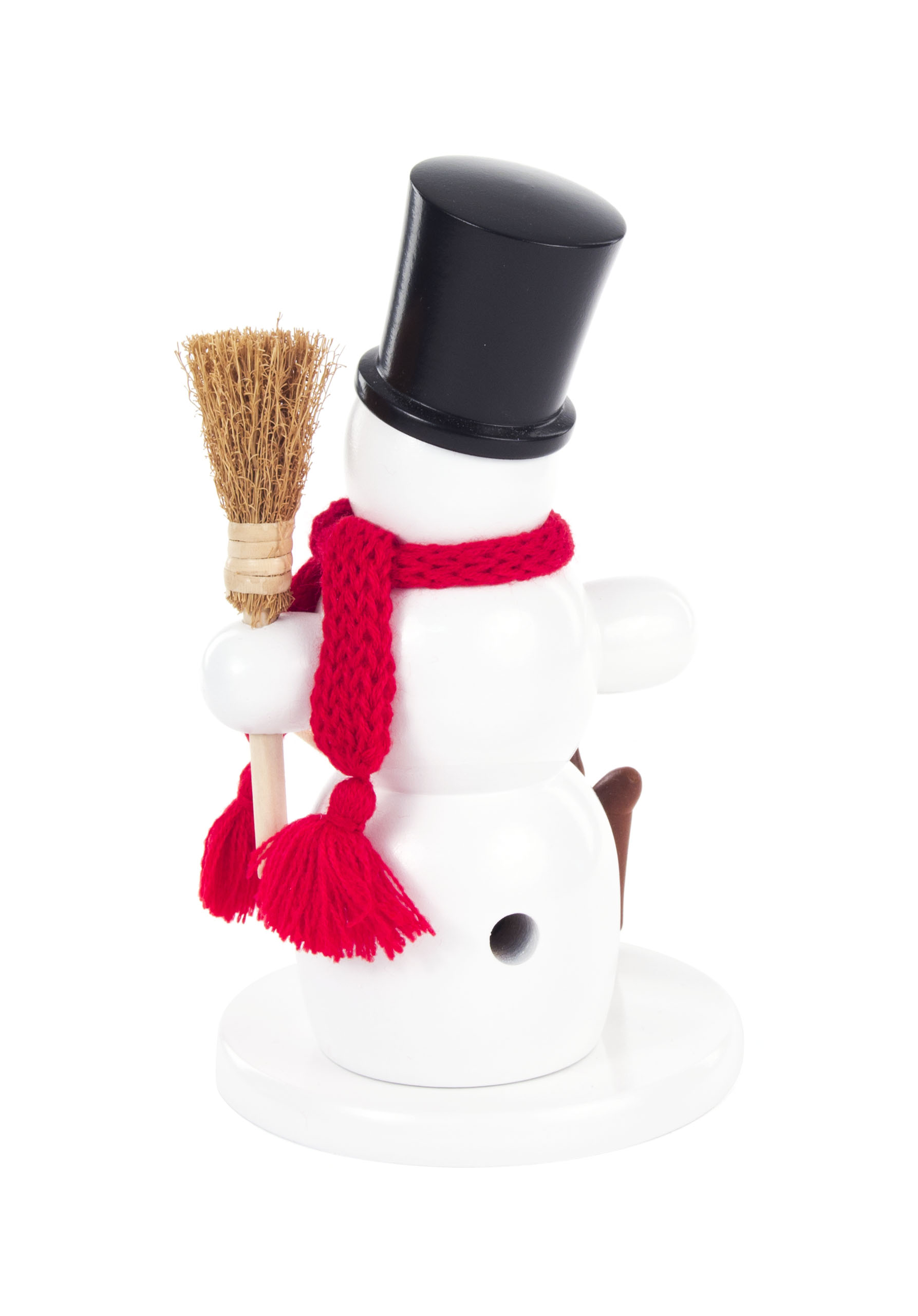 A smoking snowman figure made of wood, featuring a red scarf and black top hat, with a squirrel peeking from behind and holding a small broom.